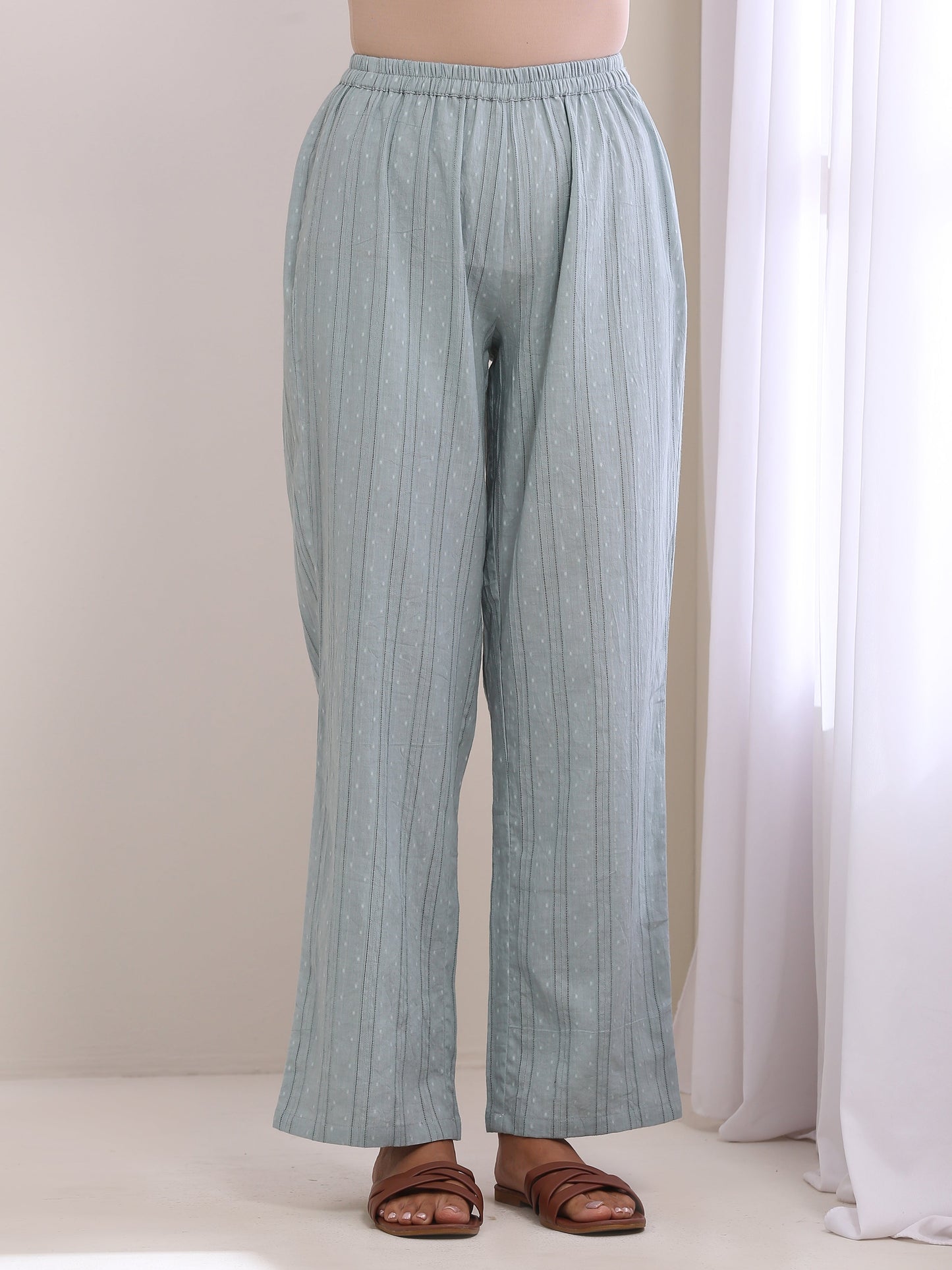 trueBrowns Eggshell Blue Dobby Neck Pleat Kurta Pant Set | Swadesiicart
