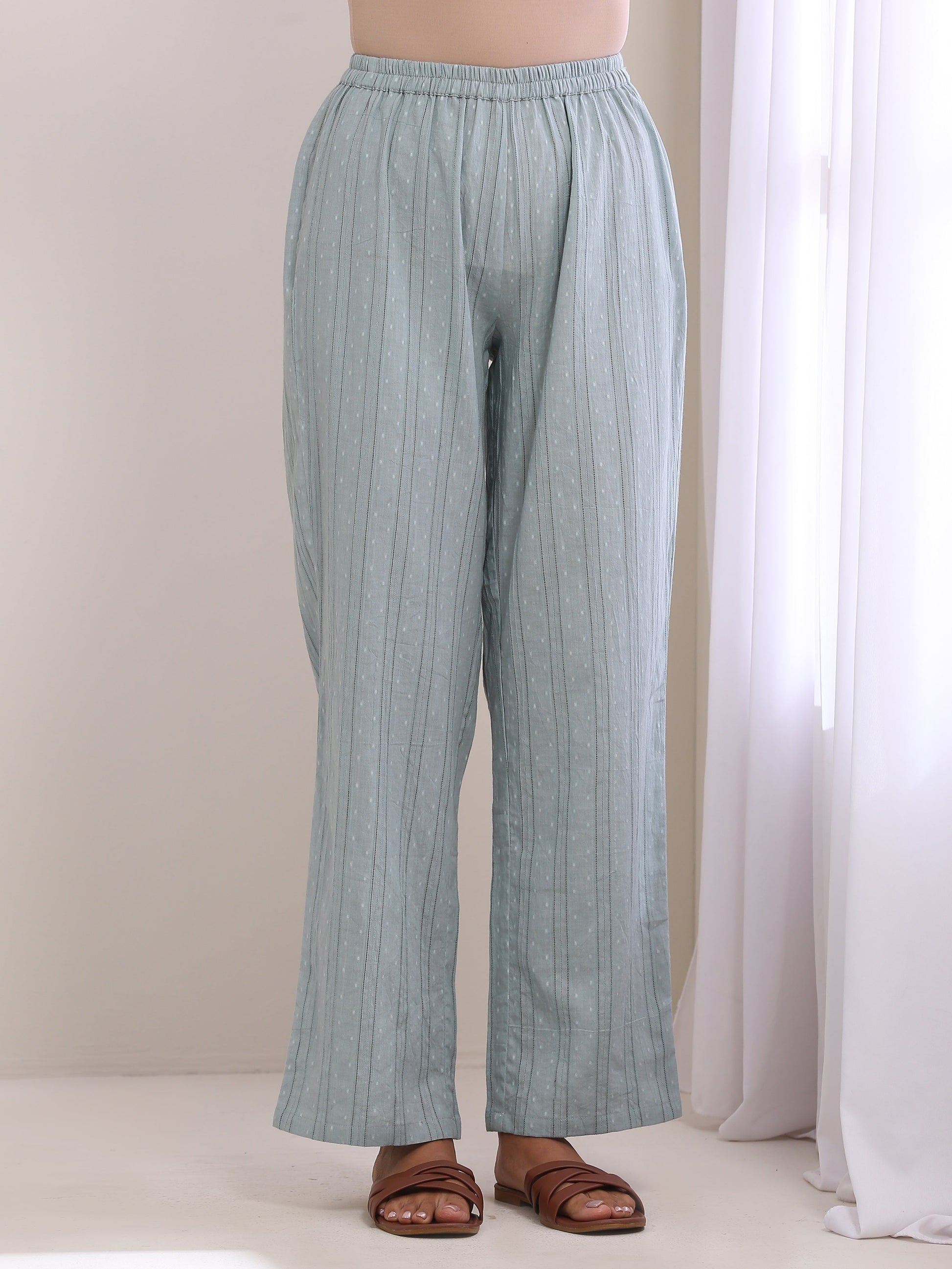 trueBrowns Eggshell Blue Dobby Neck Pleat Kurta Pant Set | Swadesiicart