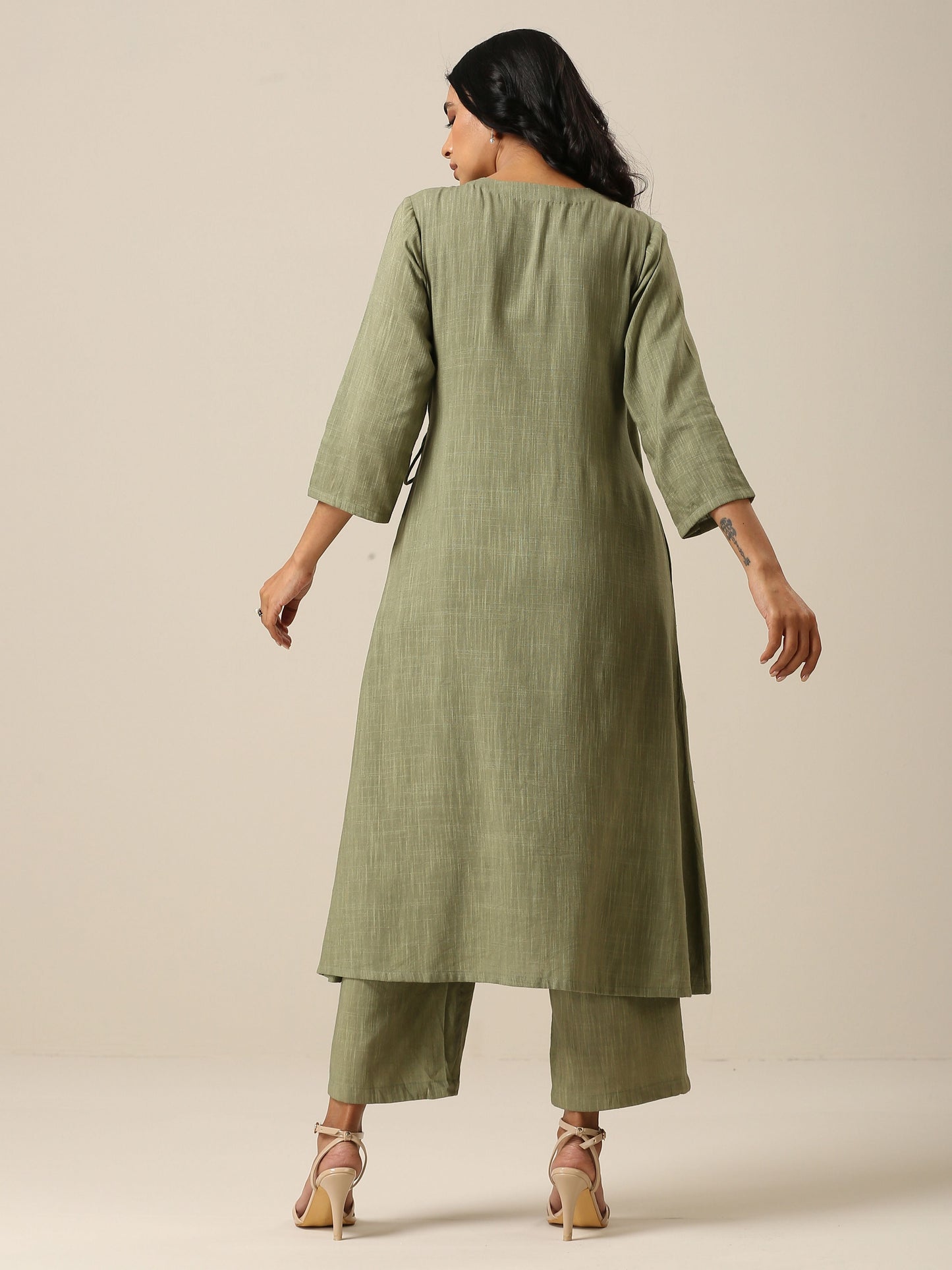 trueBrowns Sage Slub Texture Angrakha Pant Set | Relove | Swadesiicart