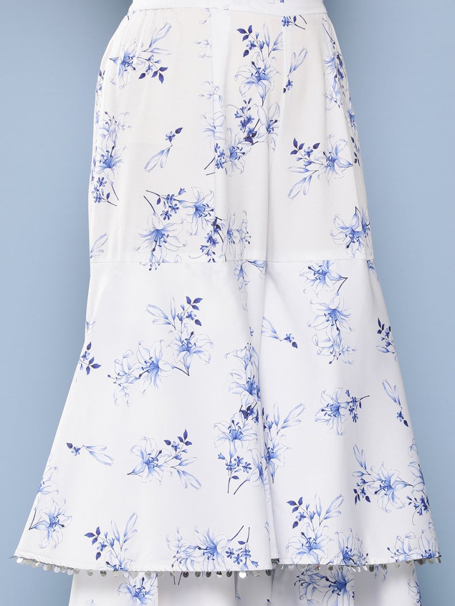 Ahalyaa Women White Floral Printed Sequinned Kurta with Sharara & With Dupatta | Swadesiicart