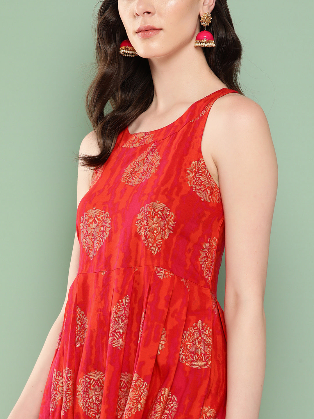 InWeave Women's Rust Mughal Print Raisa Back Detial Long Coords Set - Swadesiicart