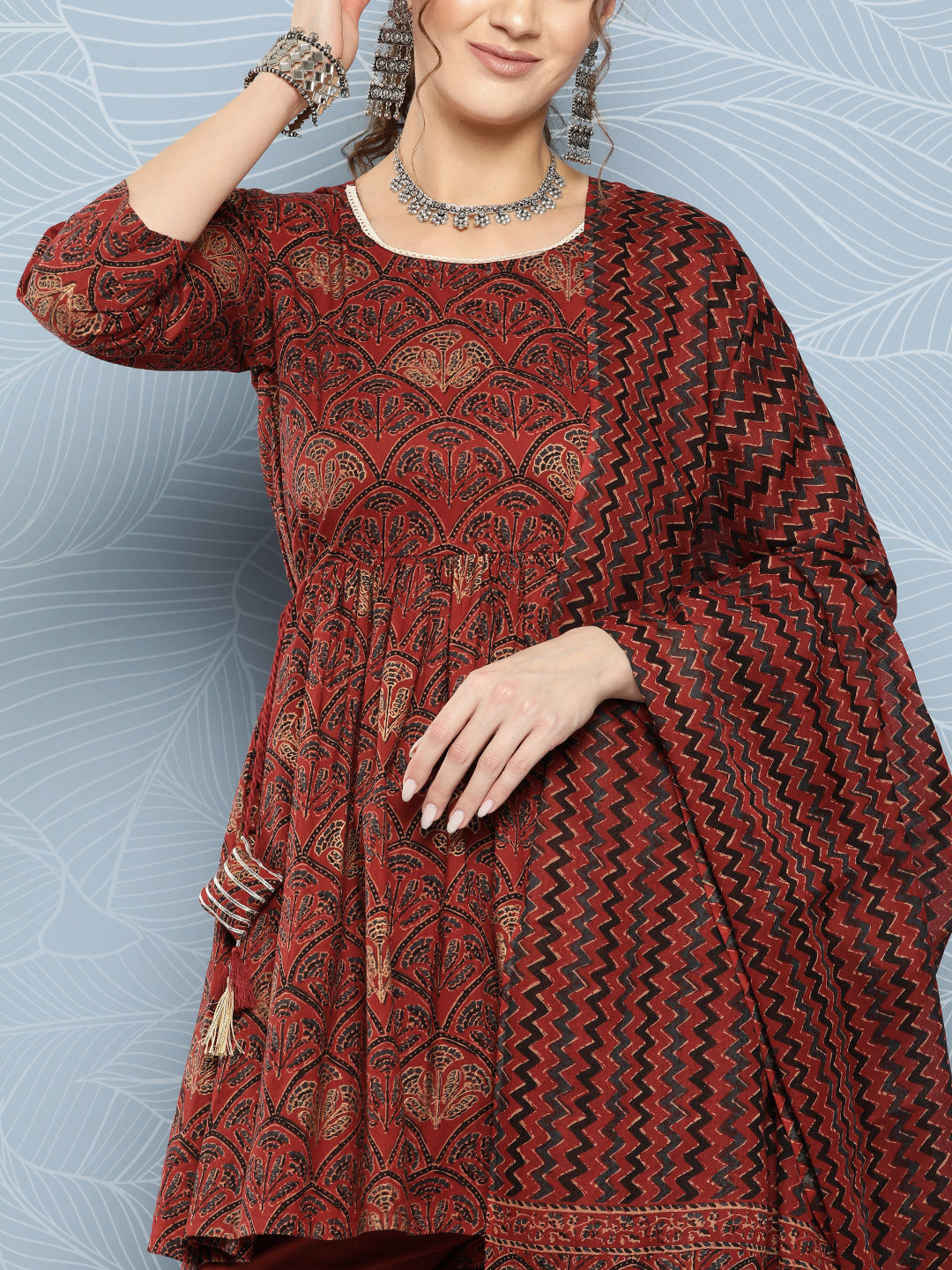 InWeave Women's Brick Rust Ajrakh Sharara Set With Dupatta - Swadesiicart