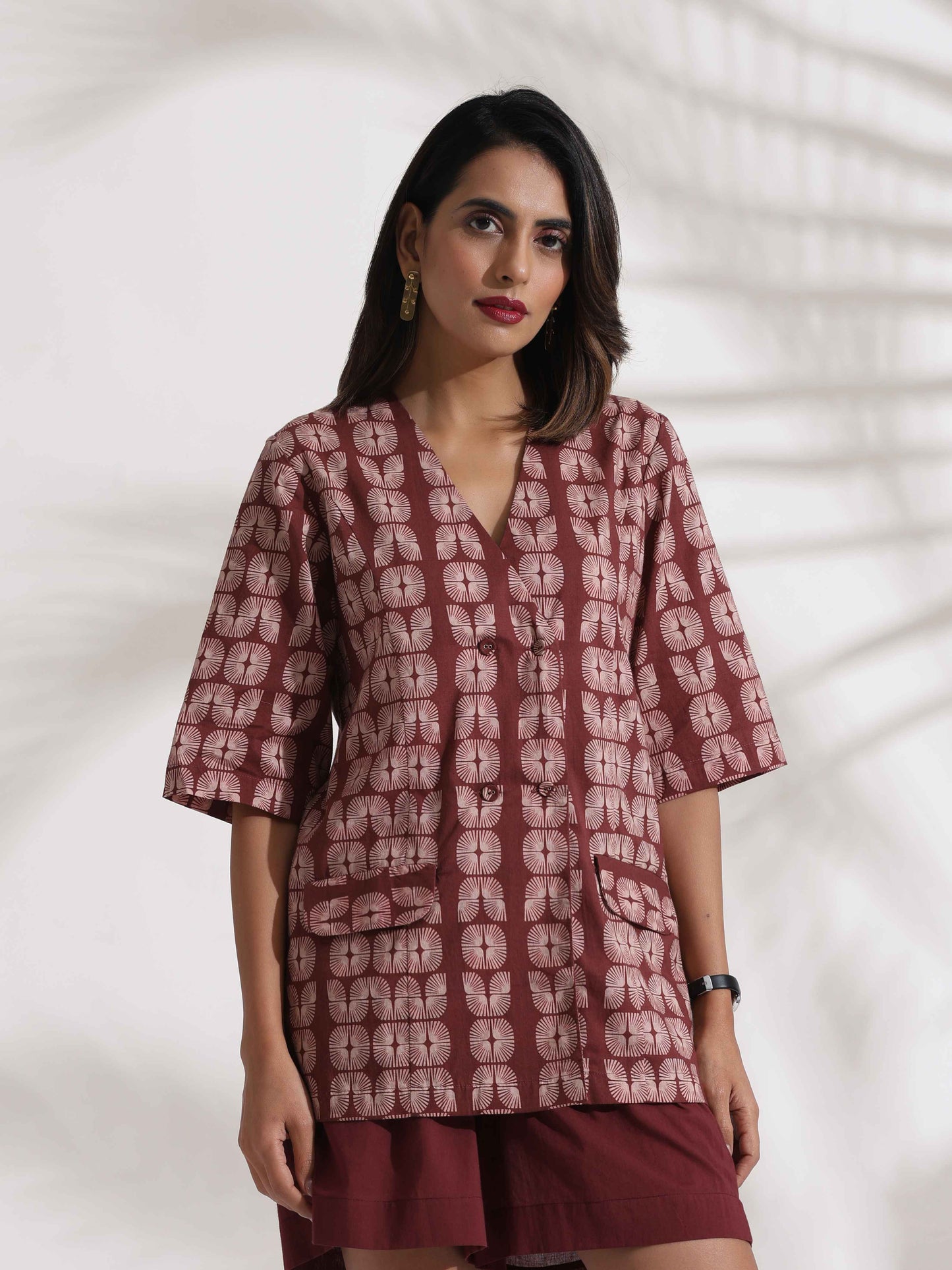 trueBrowns Brown Cotton Print Jacket Top & Short Co-ord Set - Swadesiicart