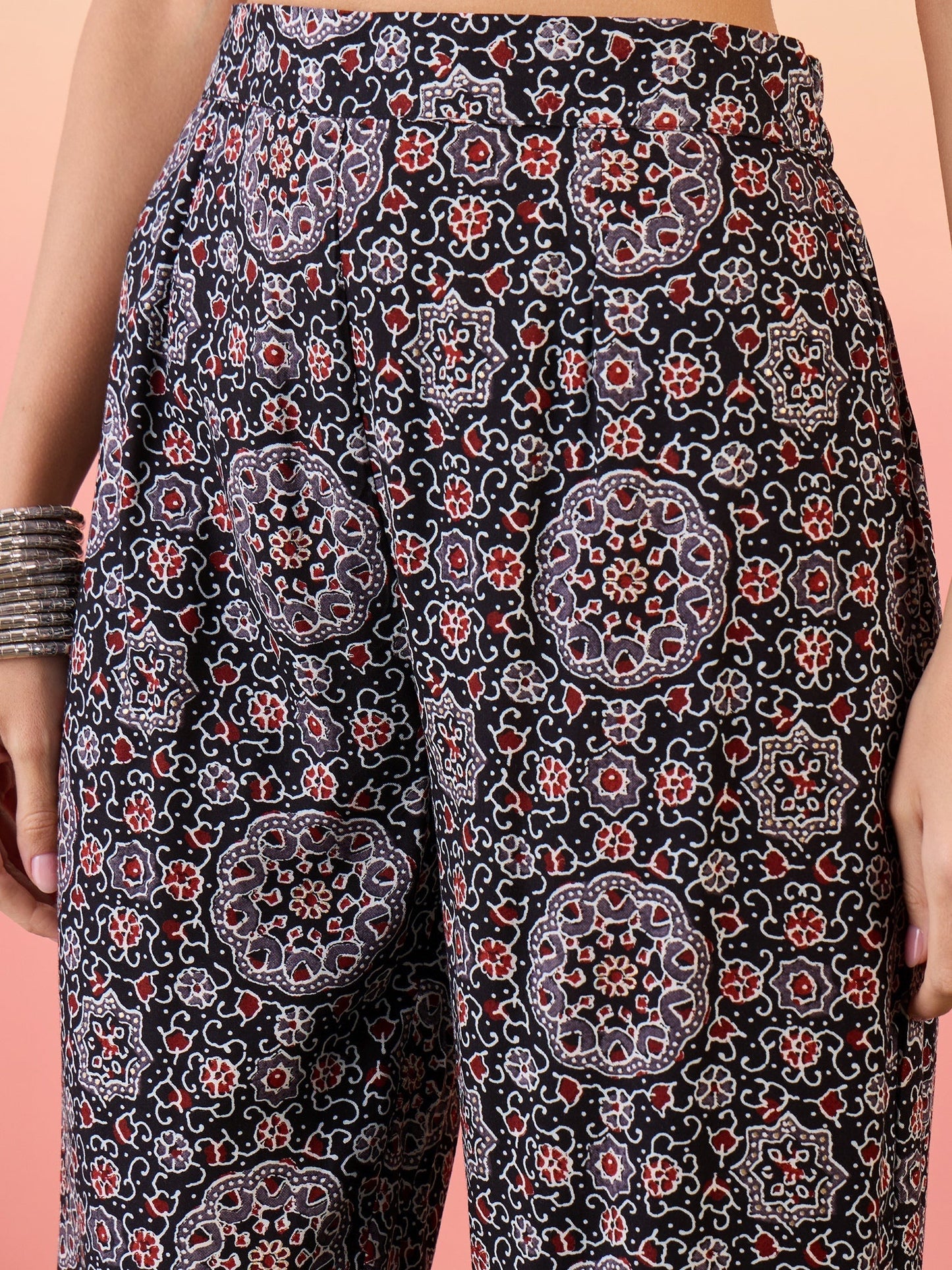 InWeave Black Maroon Ajrakh Foil V Neck Flared Kurta Pant Set - Swadesiicart