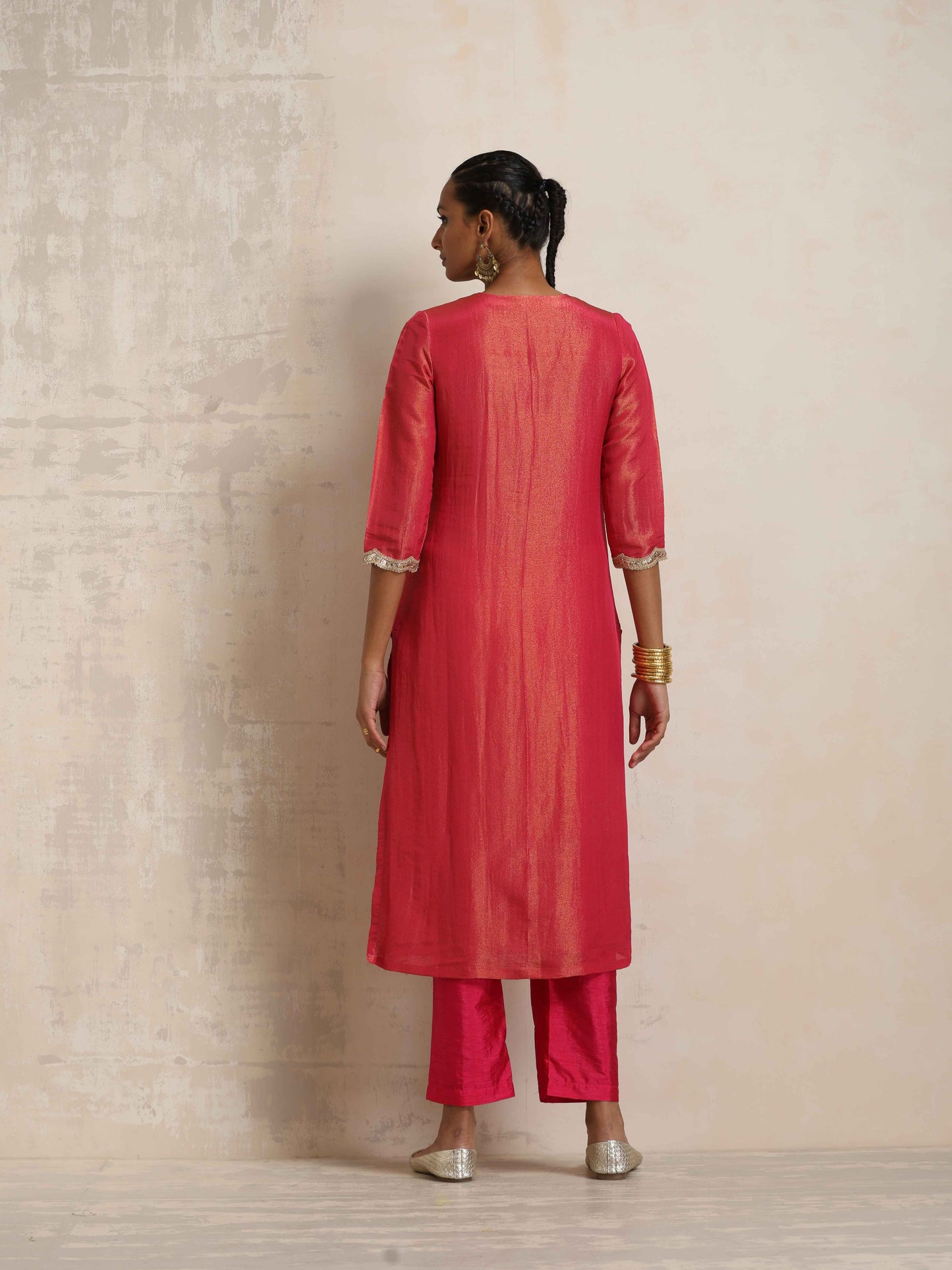 trueBrowns Hot Pink Tissue Straight Kurta Set | Swadesiicart