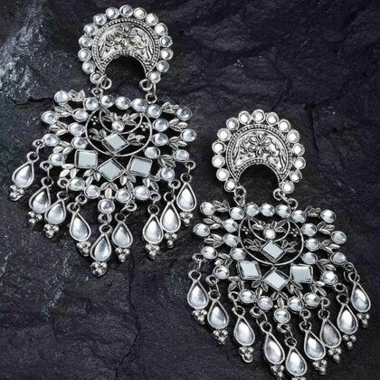 Tehzeeb Creations Women's Silver Colour Oxidised Earrings With Kundan | Swadesiicart
