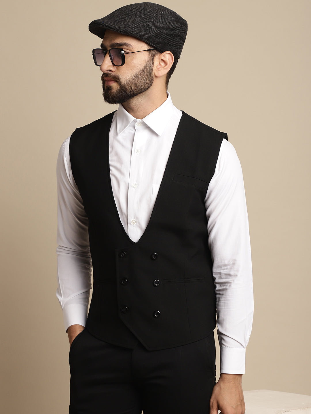 Even Apparels Men's Black Double Breast Waistcoat | Swadesiicart