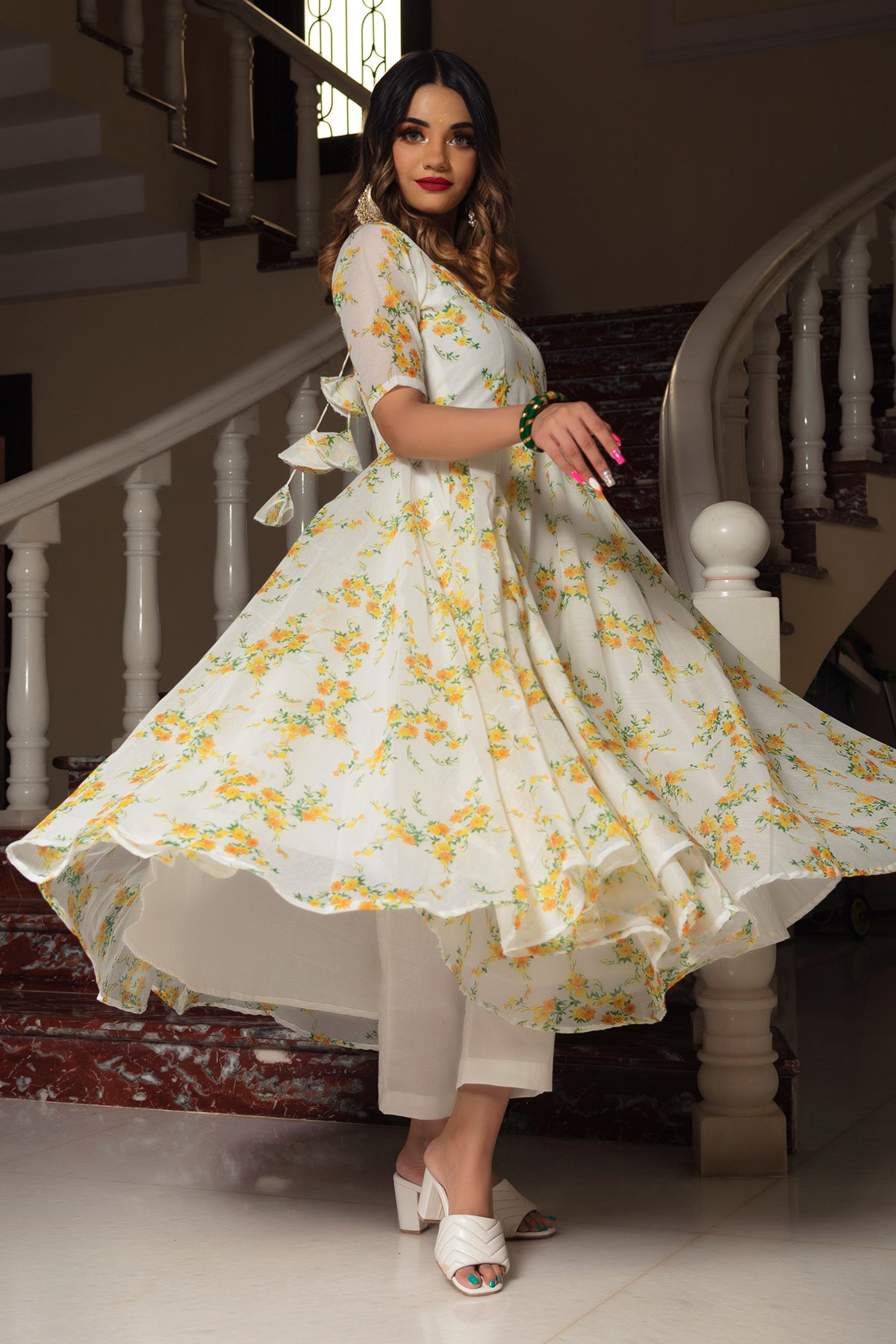 Pomcha Jaipur Yellow Phool Organza Anarkali Set | Swadesiicart