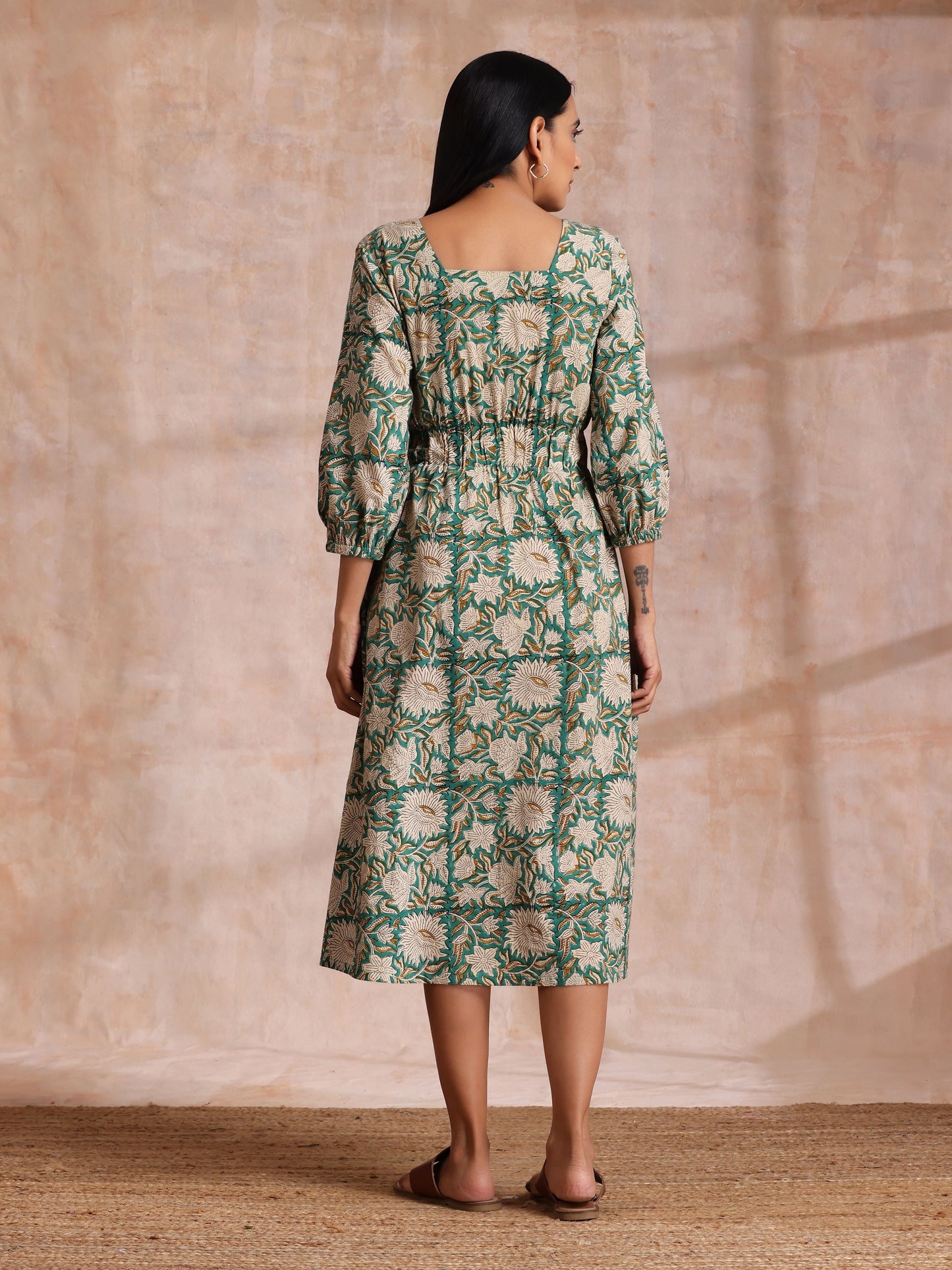 trueBrowns Fern Green Overall Floral Block Print Cotton Square Neck Dress | Swadesiicart