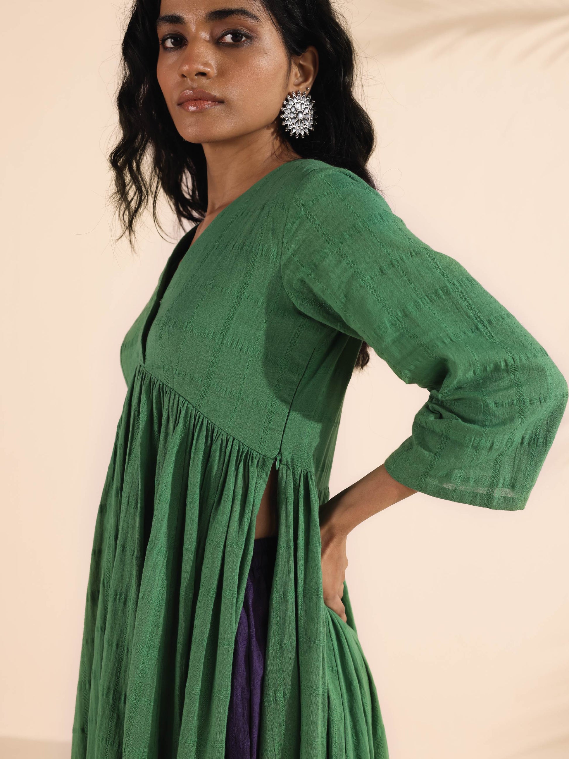 trueBrowns Green Cotton Dobby Flared Kurta Pant Set | Swadesiicart
