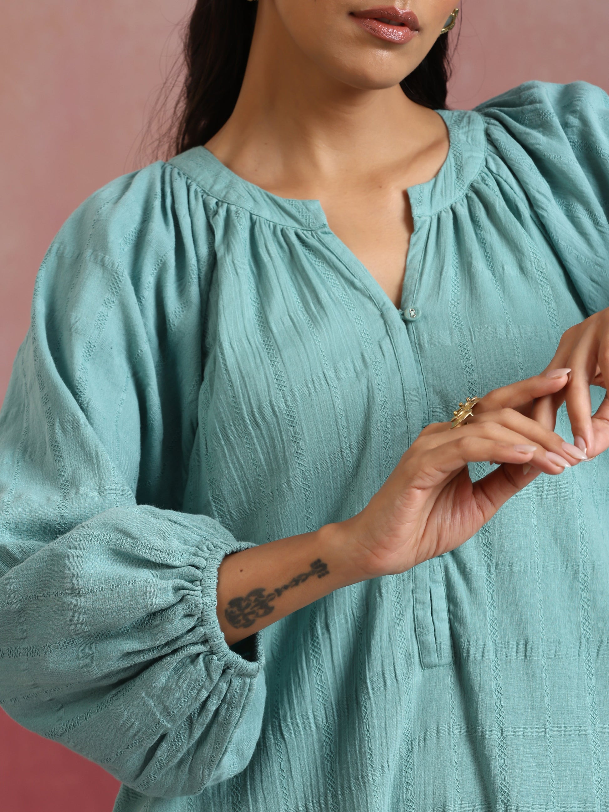 trueBrowns Aqua Blue Cotton Dobby Dress | Swadesiicart