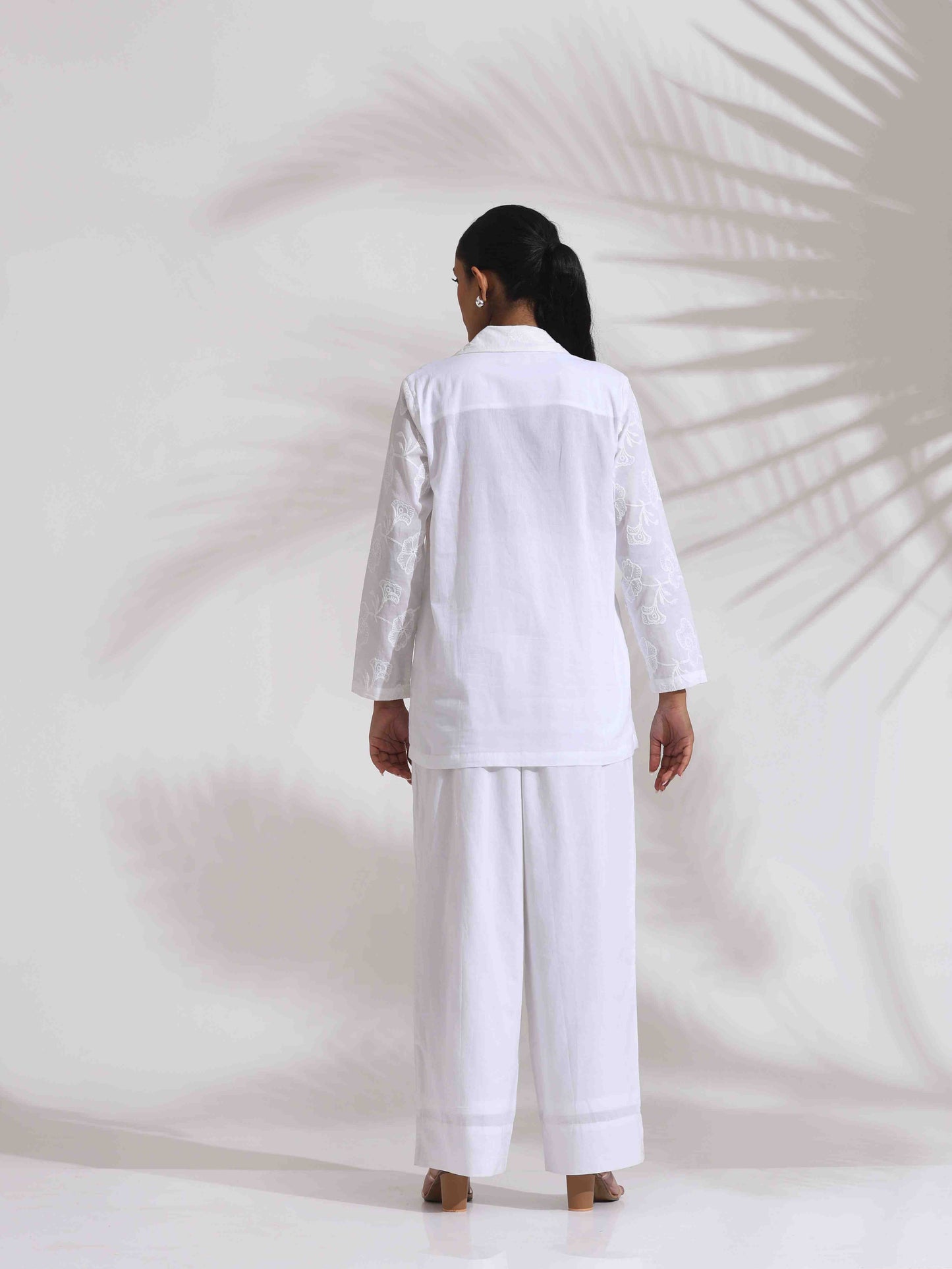 trueBrowns White Cotton Schiffli Jacket Co-ord Set - Swadesiicart
