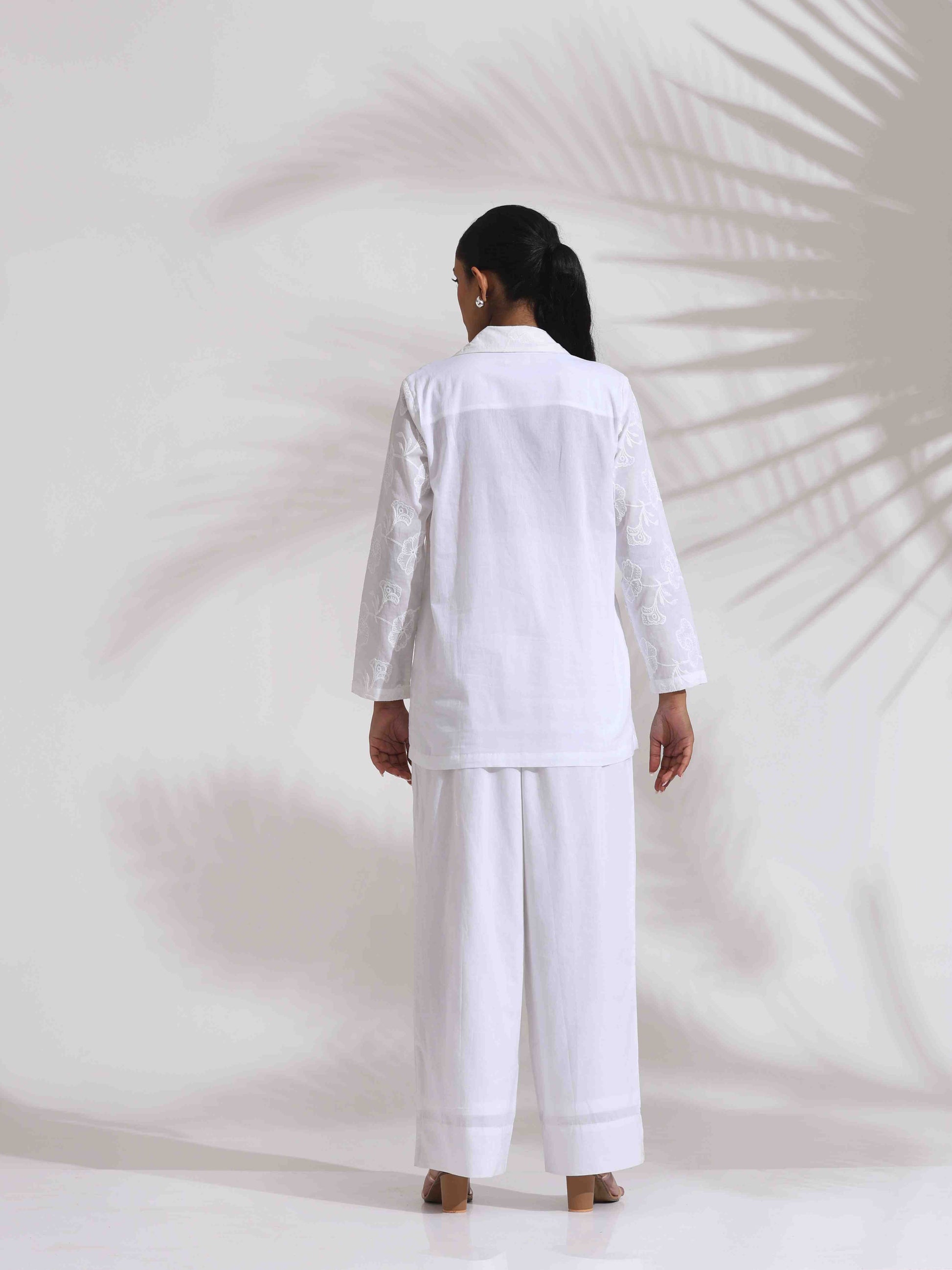 trueBrowns White Cotton Schiffli Jacket Co-ord Set - Swadesiicart