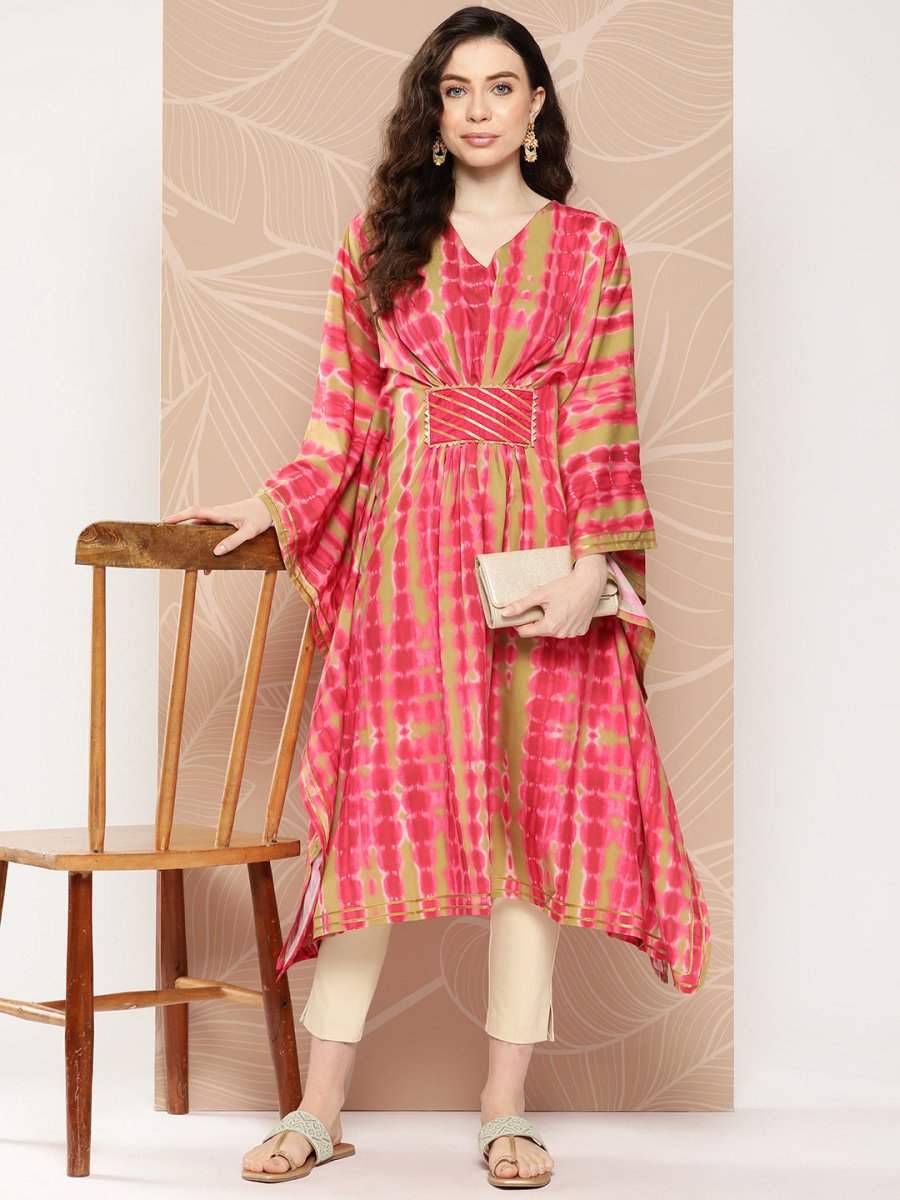 Ahalyaa Women Printed Flared Sleeves Gotta Patti Belted Detail Crepe Kaftan Kurta | Swadesiicart