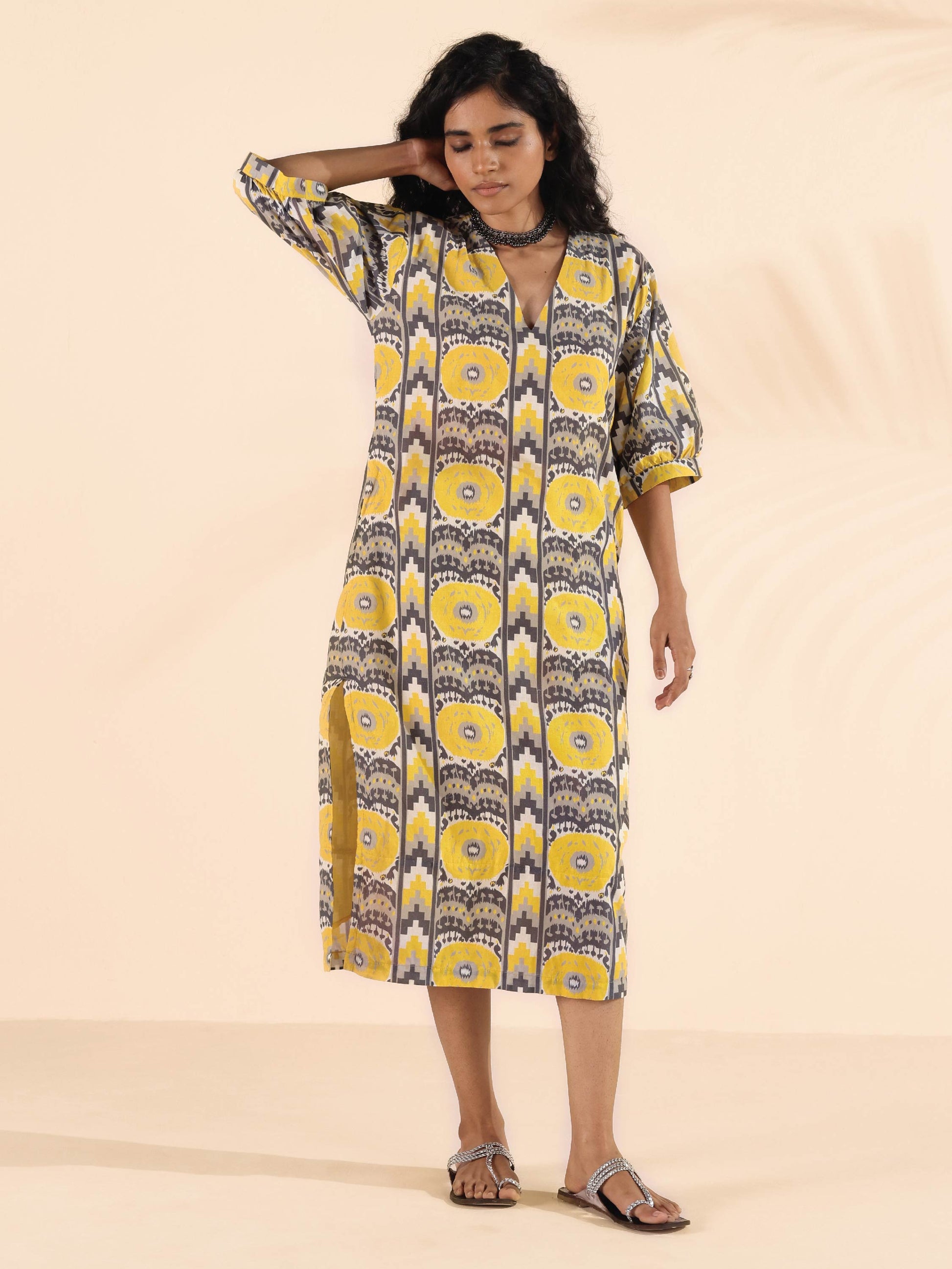 trueBrowns Yellow Cotton Ikat Slit Dress | Swadesiicart