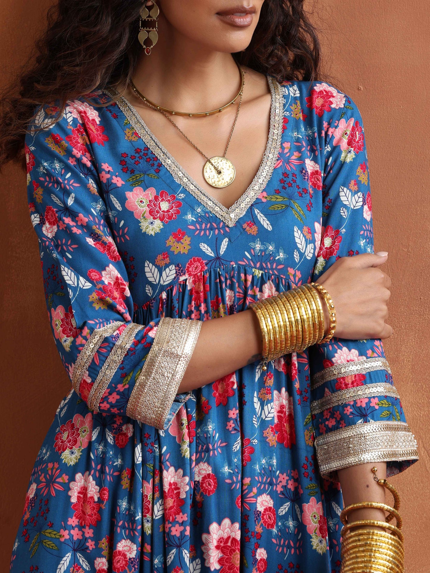 trueBrowns Blue Print Flared Anarkali Kurta Set | Swadesiicart