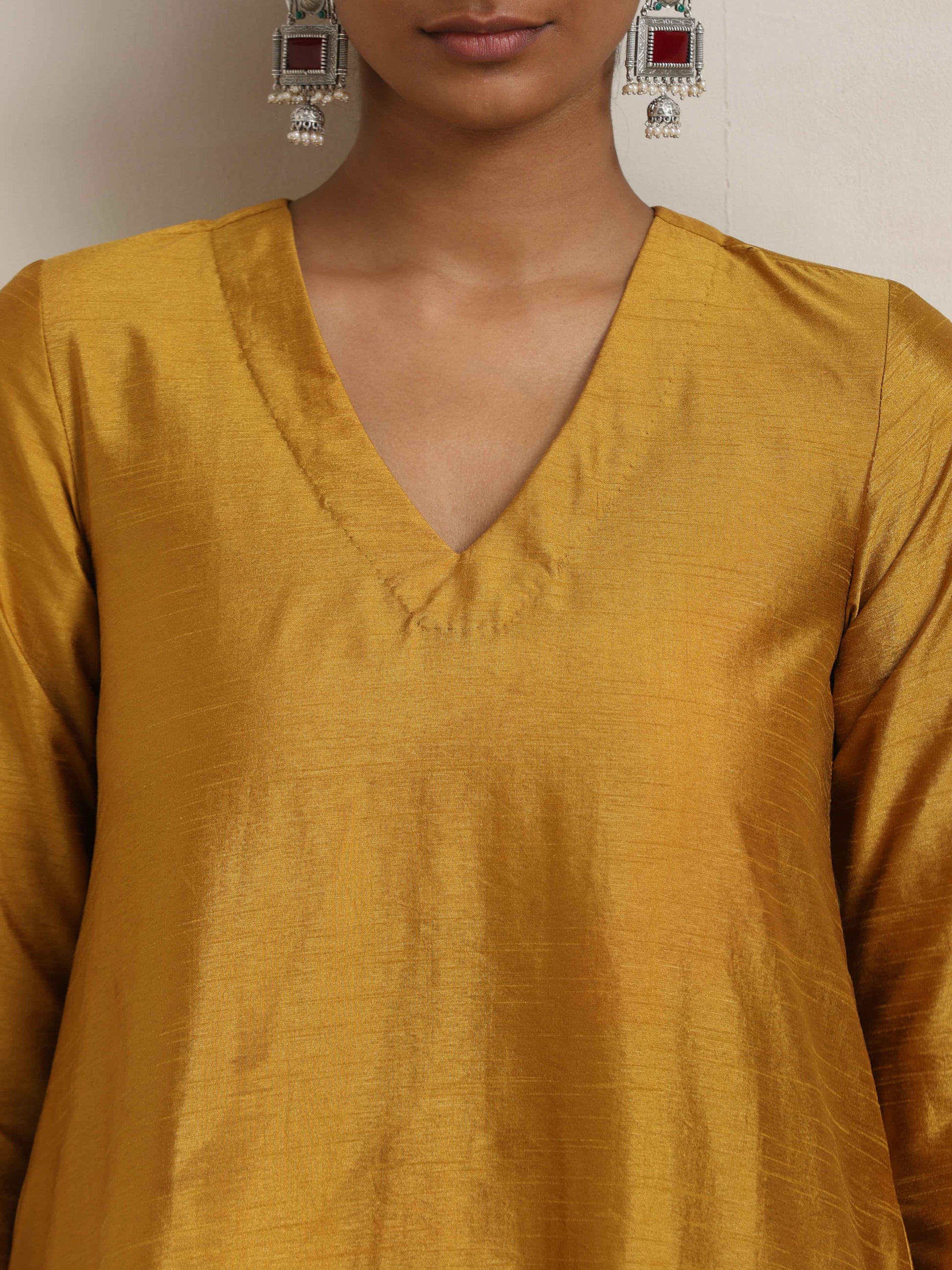 trueBrowns Gold Brown Silk A-line Kurta Set | Swadesiicart