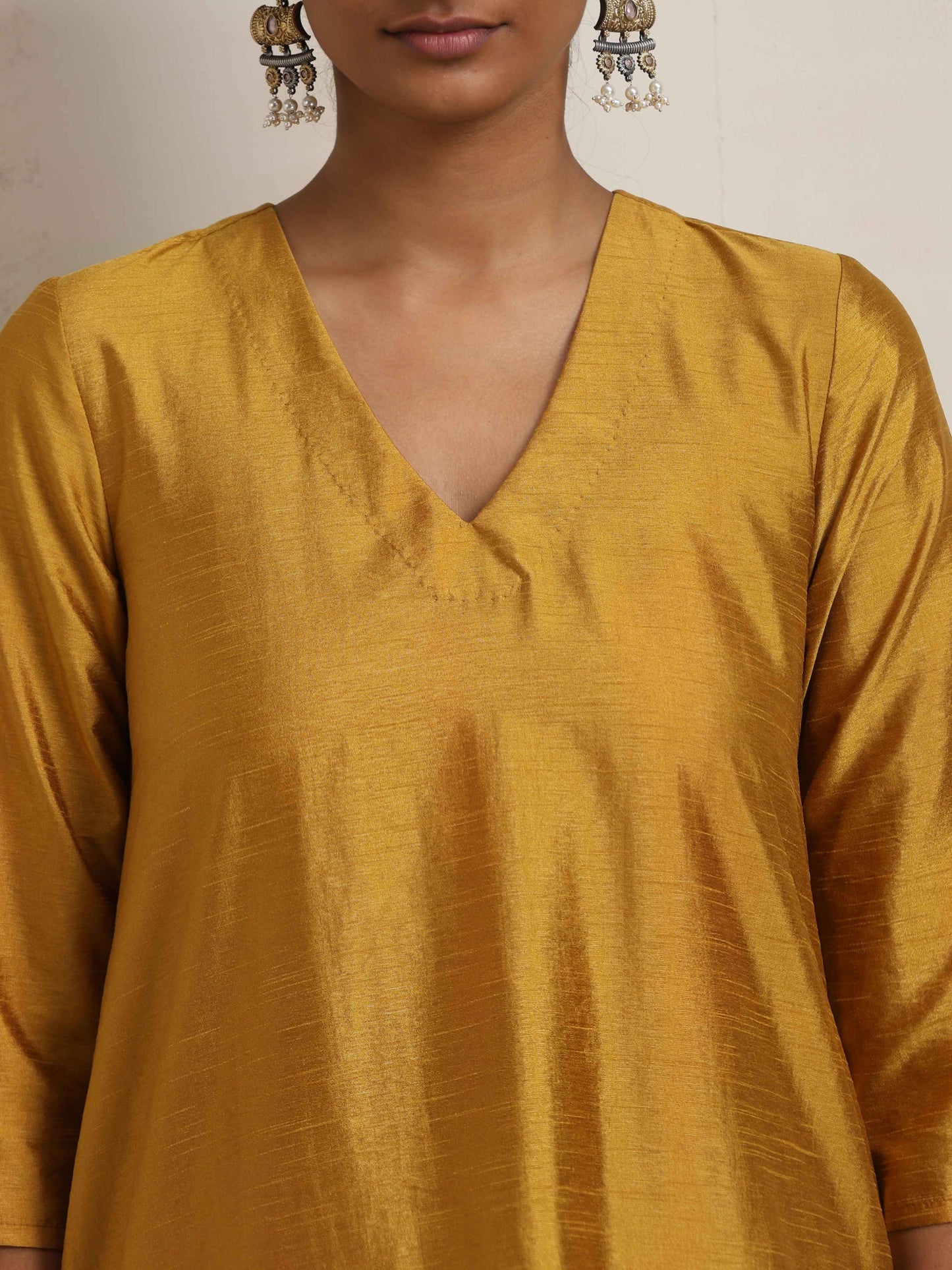 trueBrowns Gold Orange Silk A-line Kurta Set | Swadesiicart