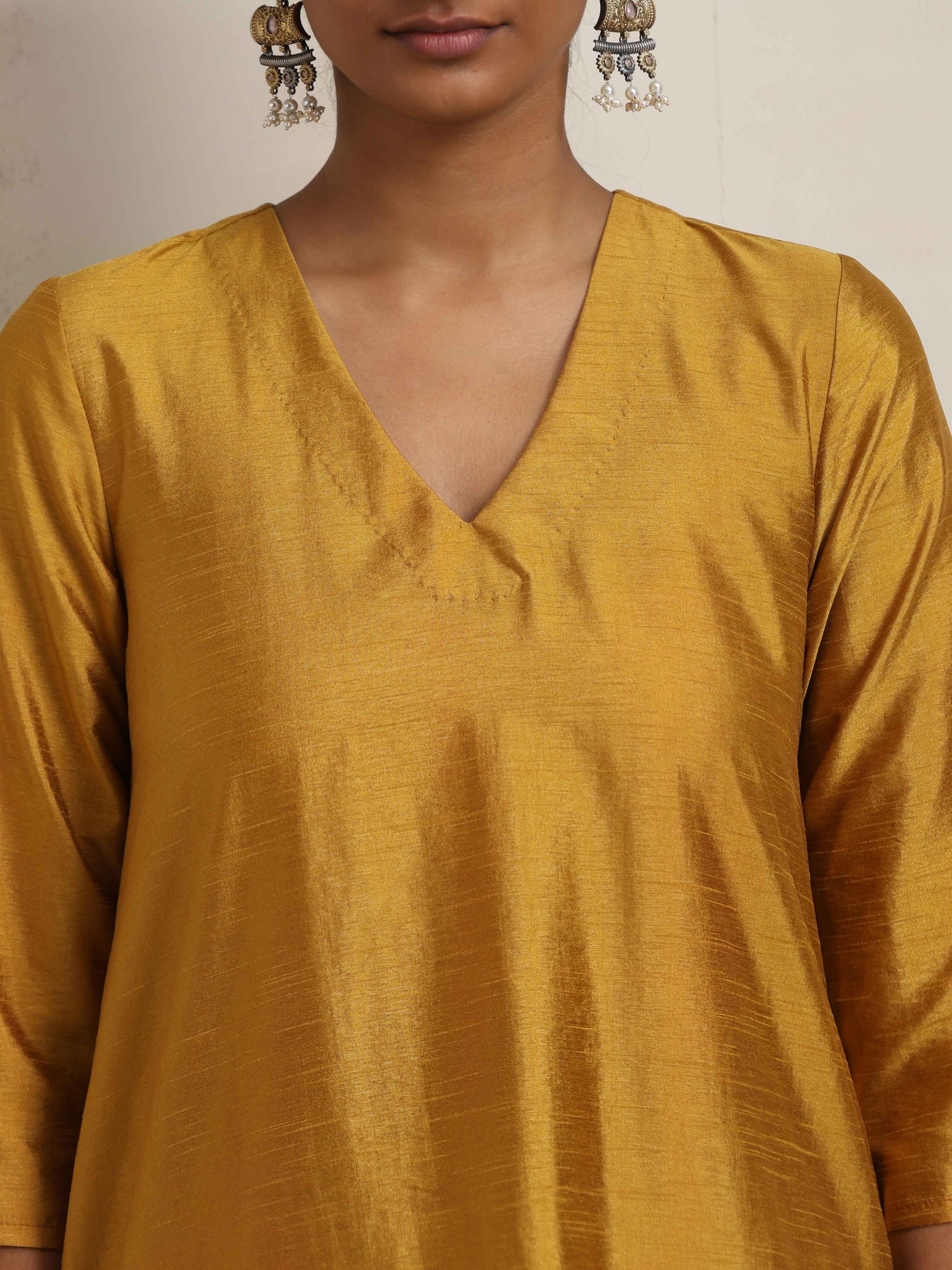 trueBrowns Gold Orange Silk A-line Kurta Set | Swadesiicart