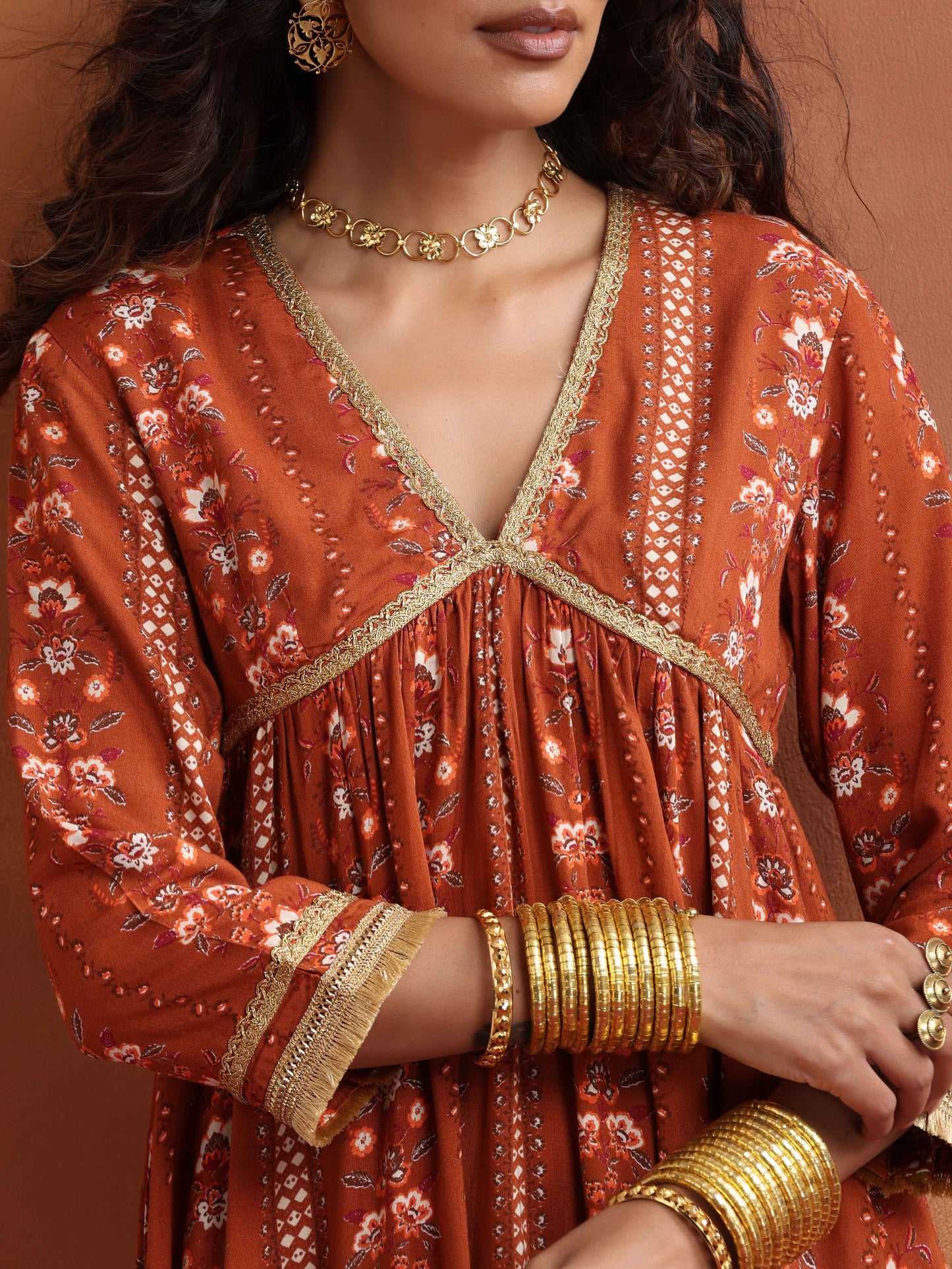 trueBrowns Orange Print Anarkali Kurta Co-ord Set - Swadesiicart