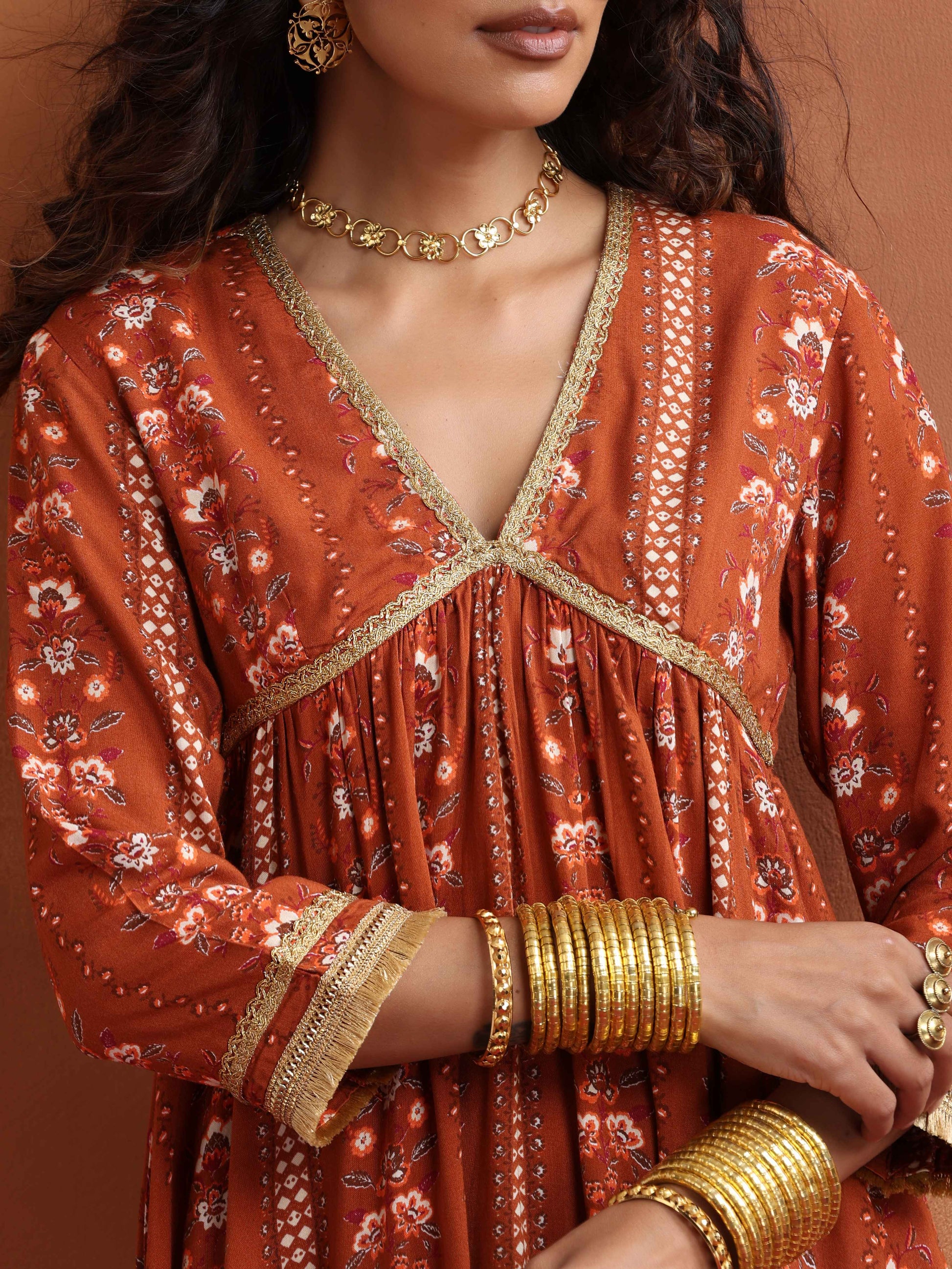 trueBrowns Orange Print Anarkali Kurta Co-ord Set - Swadesiicart