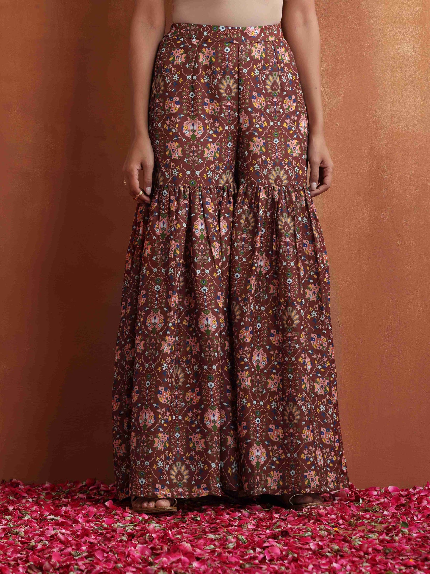 trueBrowns Brown Print Sharara Set | Swadesiicart
