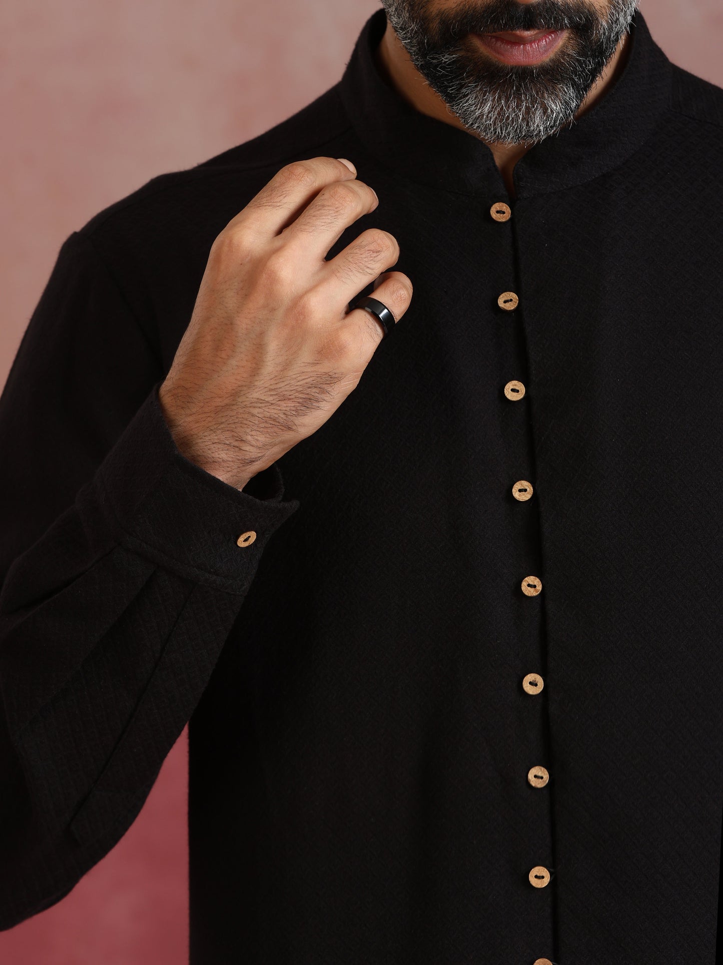 trueBrowns Men's Black Cotton Dobby Kurta Co-ord Set - Swadesiicart