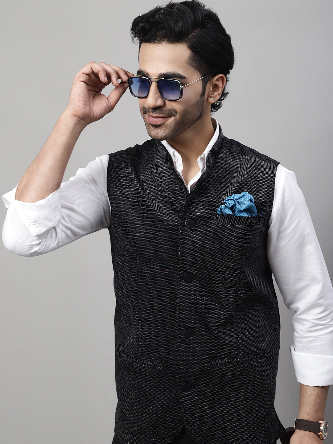 Even Apparels Men's Black Nehru Jacket With Welt Pockets | Swadesiicart