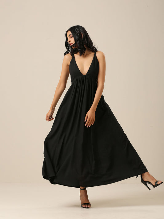 trueBrowns Black Slub Texture Sleeveless Dress | Swadesiicart