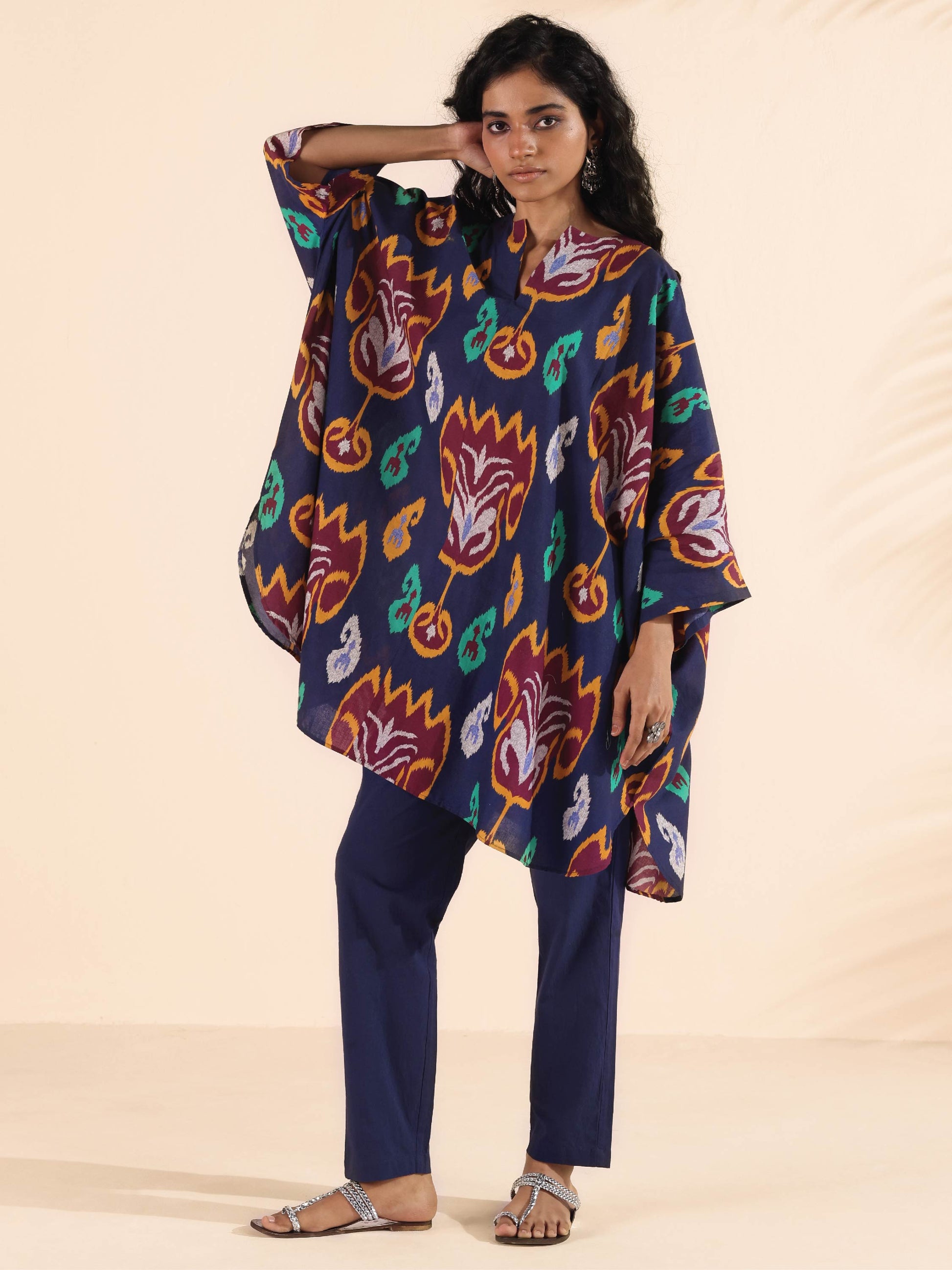 trueBrowns Purple Cotton Ikat Kaftan Co-ord Set - Swadesiicart
