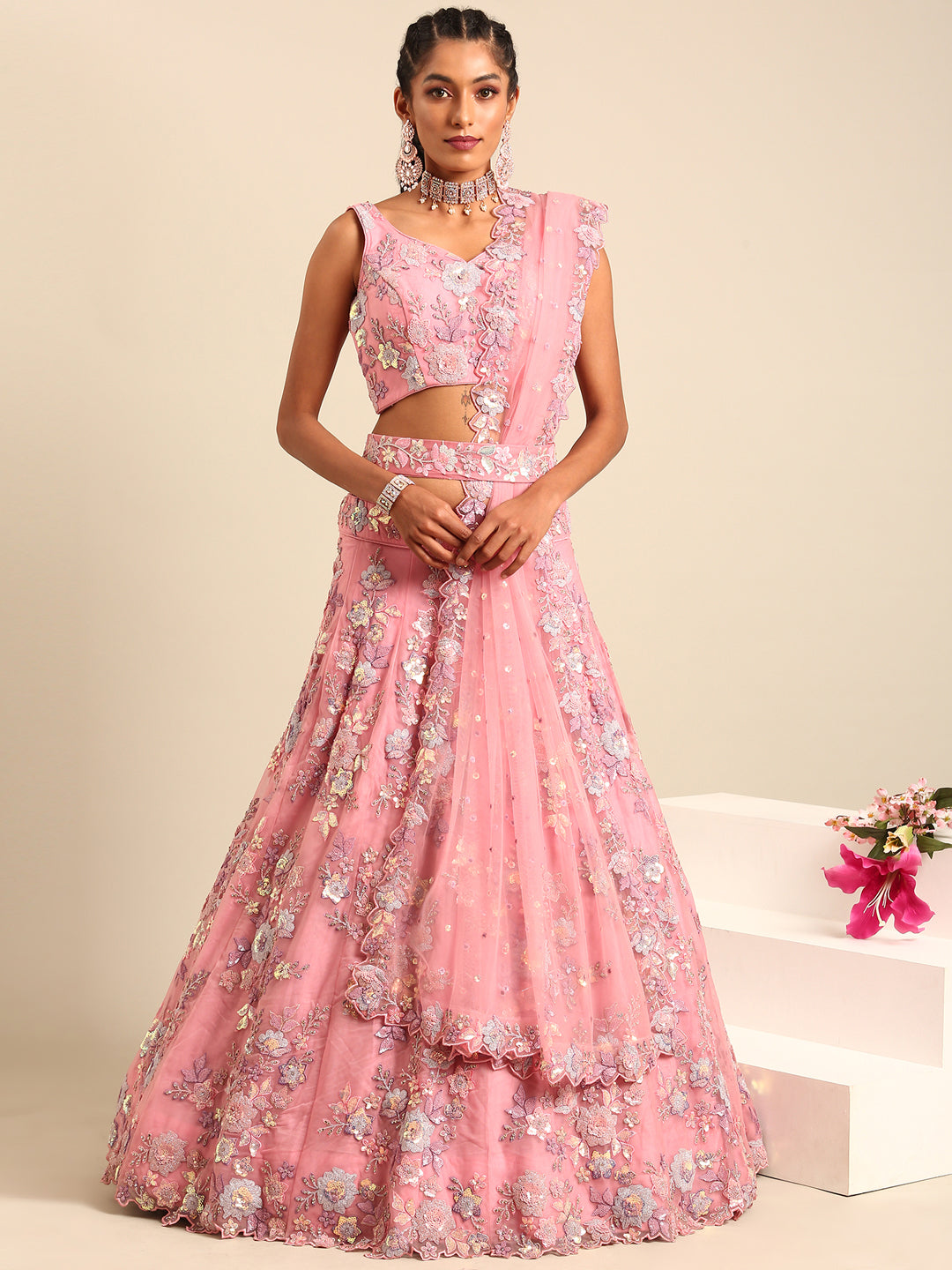 House of Panchhi PINK Net Sequins with heavy Zarkan embroidery Lehenga choli & Dupatta | Swadesiicart