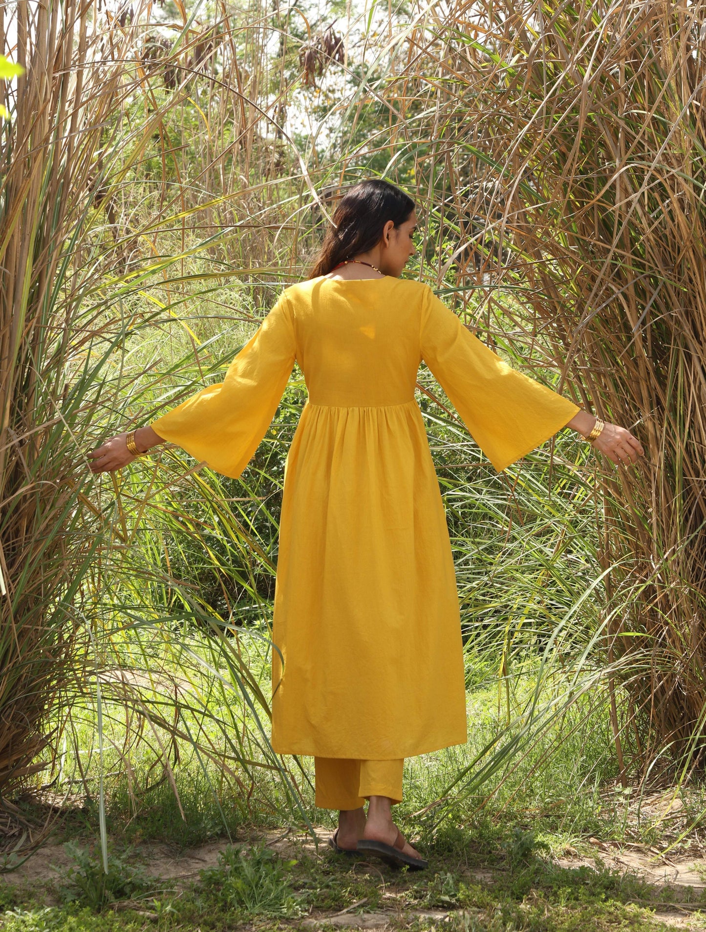 trueBrowns Mustard Cotton Embroidered Flared Kurta Set | Swadesiicart