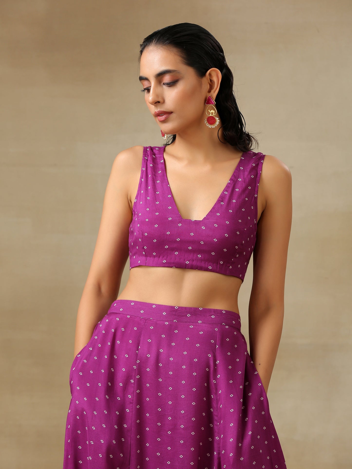 trueBrowns Purple Bandhani Printed Silk Top Skirt Jacket Set | Swadesiicart