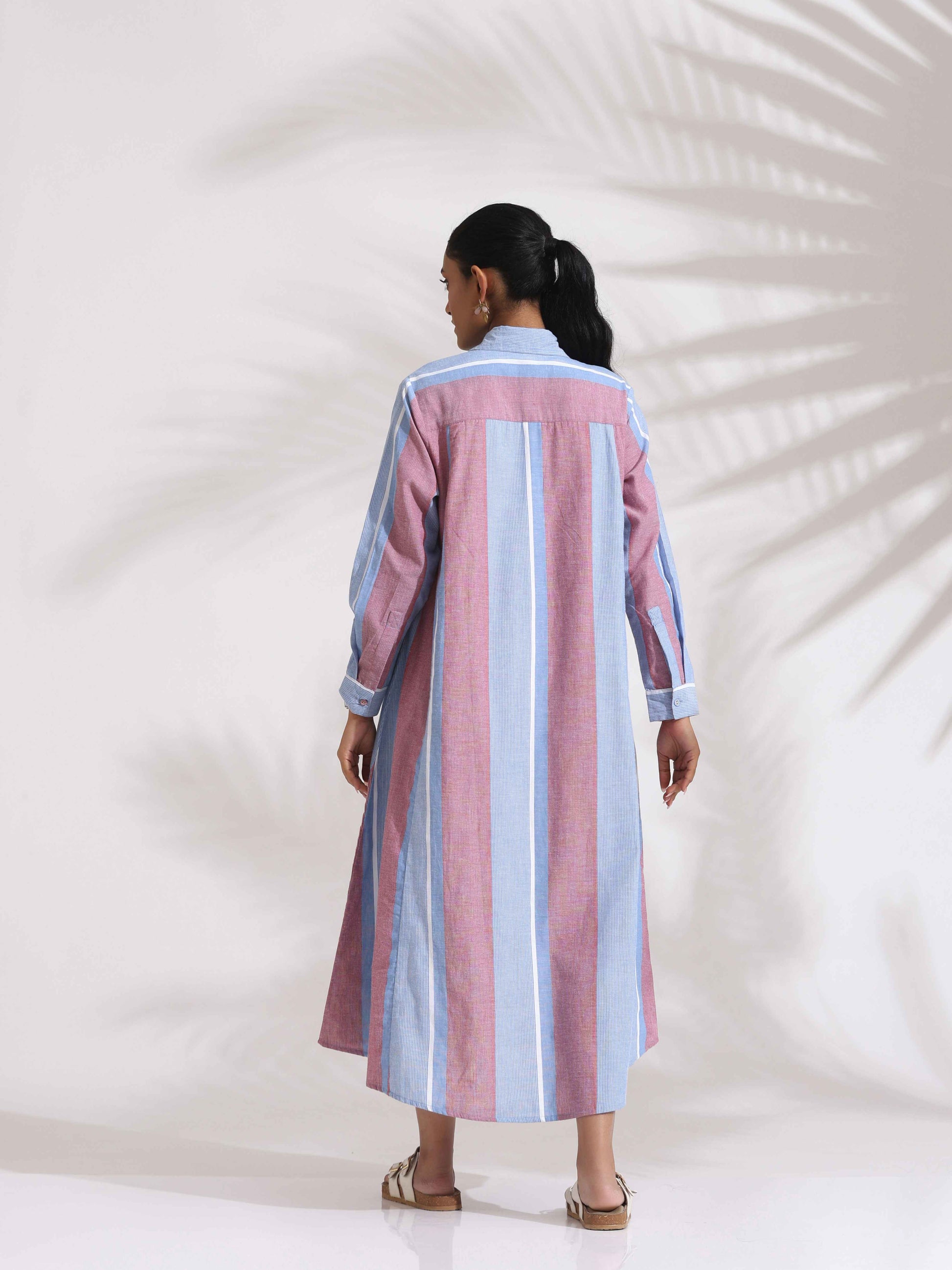trueBrowns Blue Cotton Stripe Flared Shirt Dress | Swadesiicart
