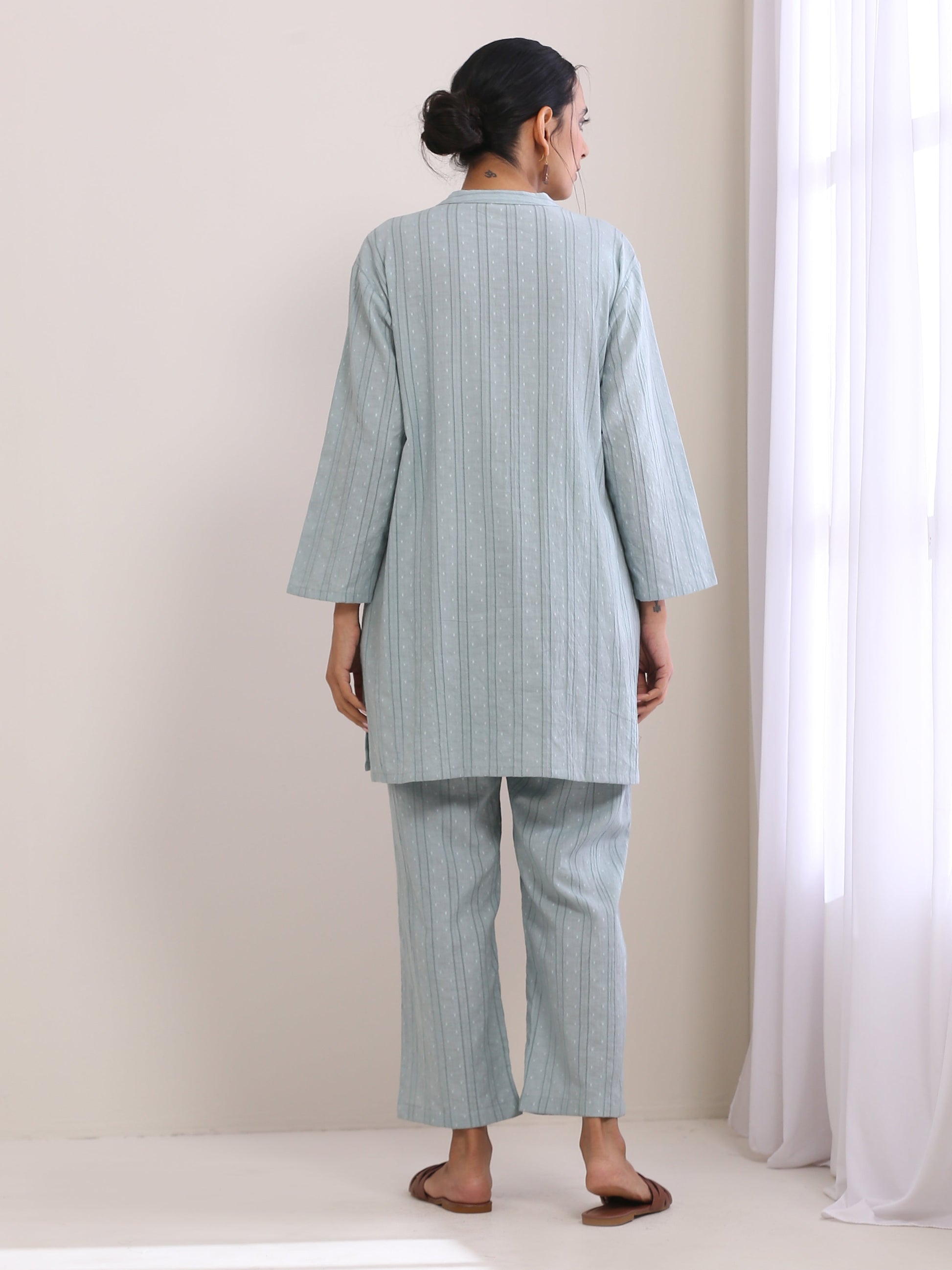 trueBrowns Eggshell Blue Dobby Relaxed Fit Co-Ord Set - Swadesiicart