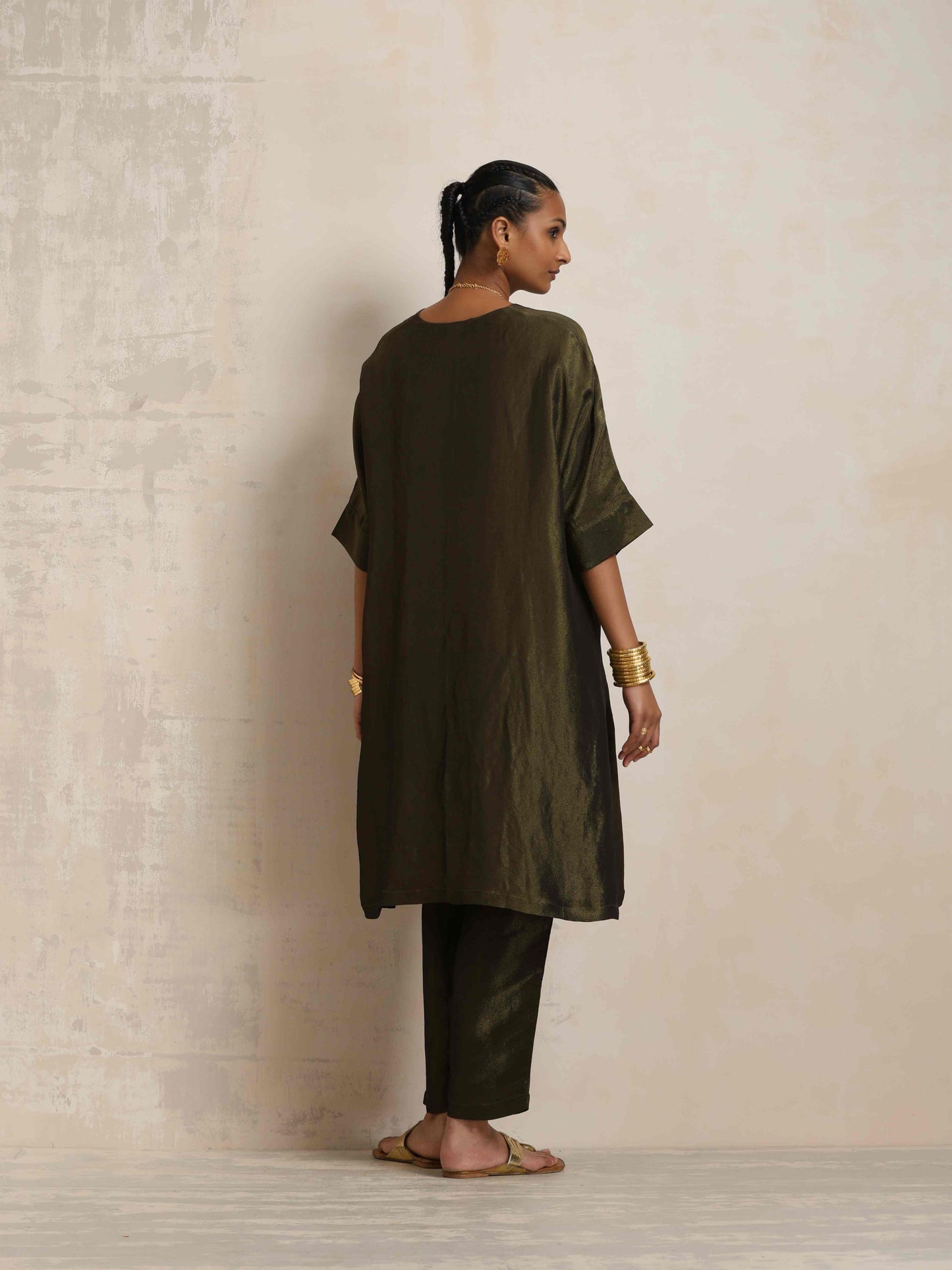 trueBrowns Olive Green Tissue Kurta Co-ord Set - Swadesiicart