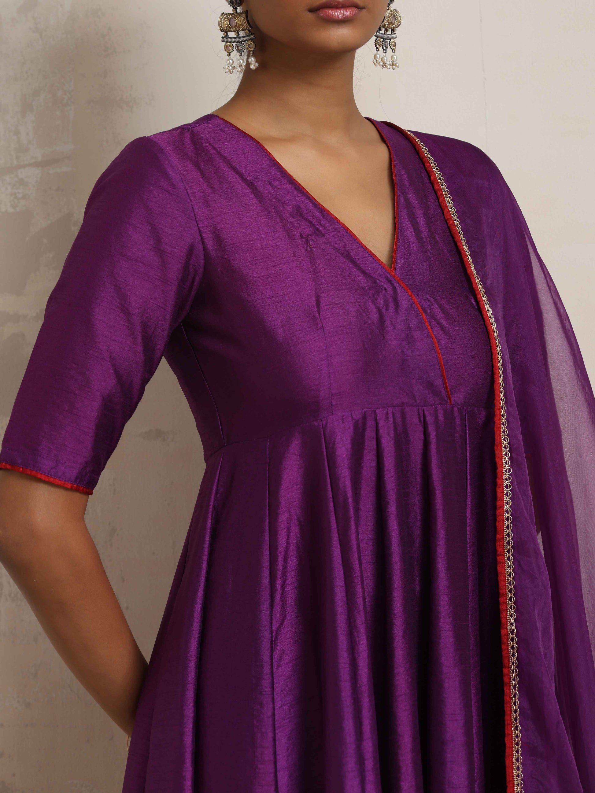 trueBrowns Purple Silk Anarkali Kurta Pant Dupatta Set | Swadesiicart