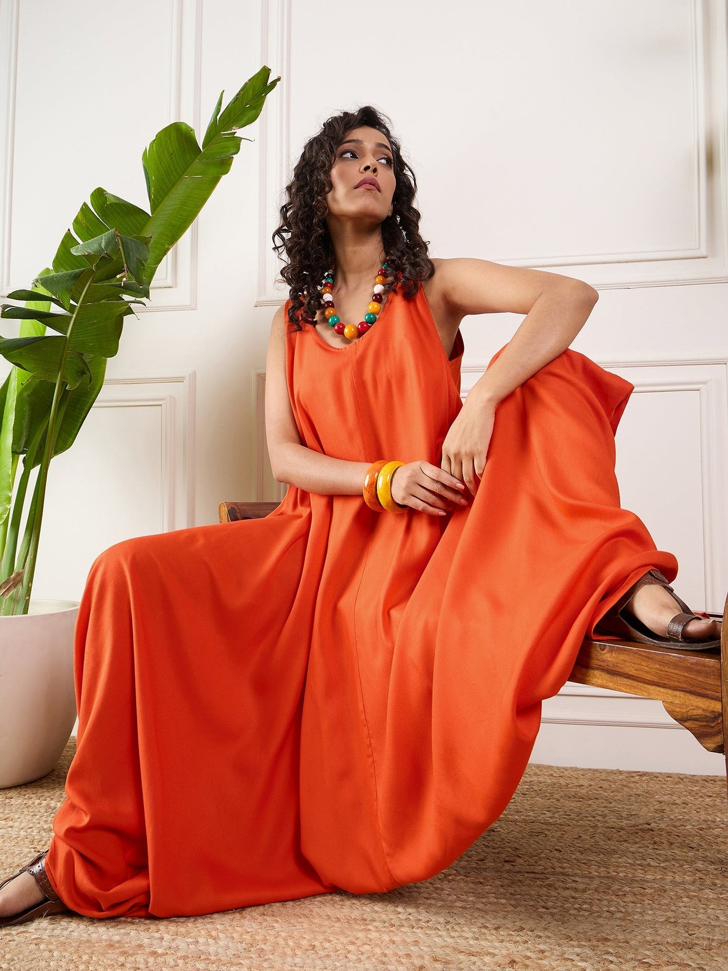 InWeave Orange Round Sleeveless Jumpsuit - Swadesiicart