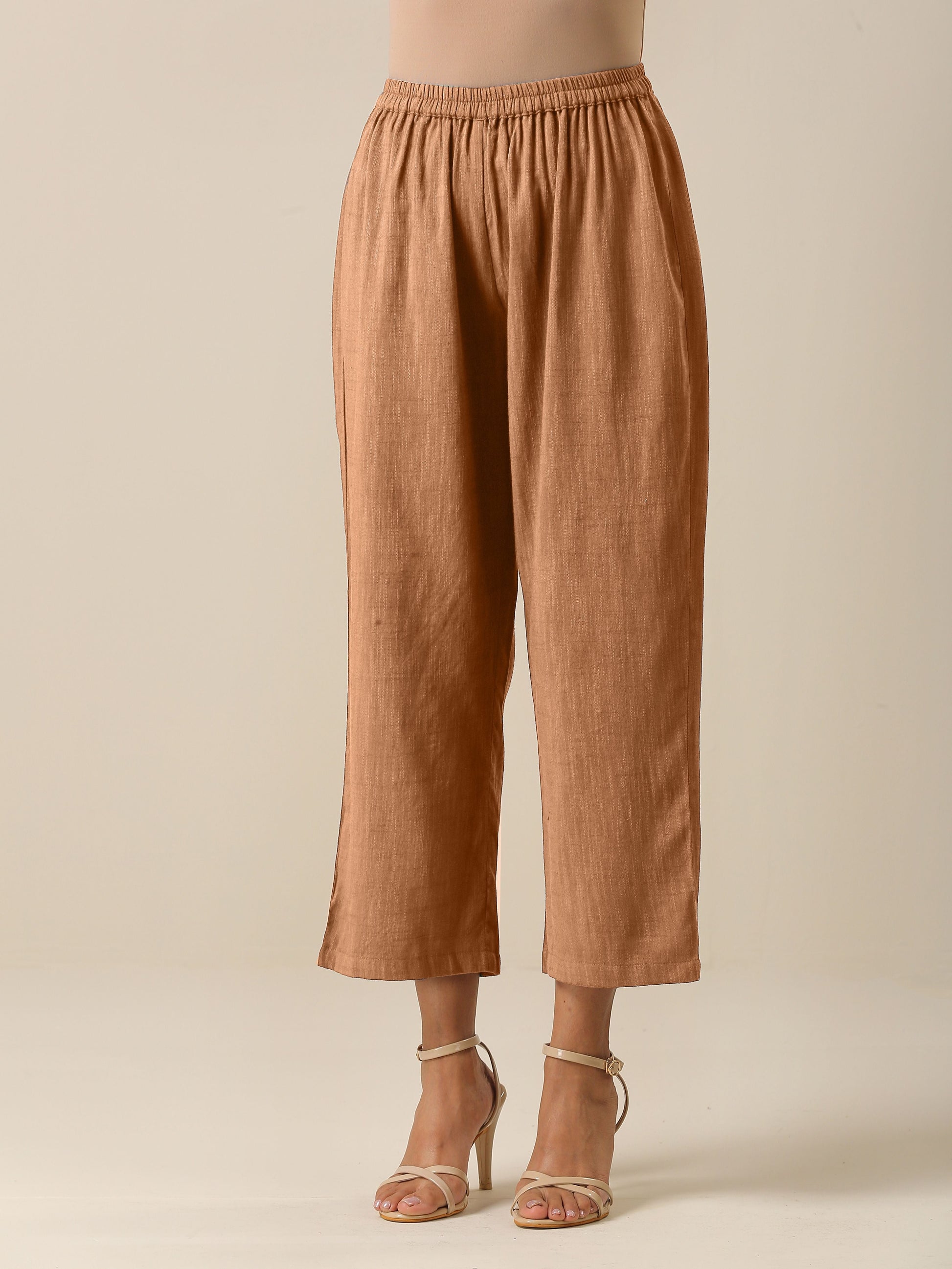 trueBrowns Beige Slub Texture Sleeveless Flared Kurta Pant Set | Swadesiicart