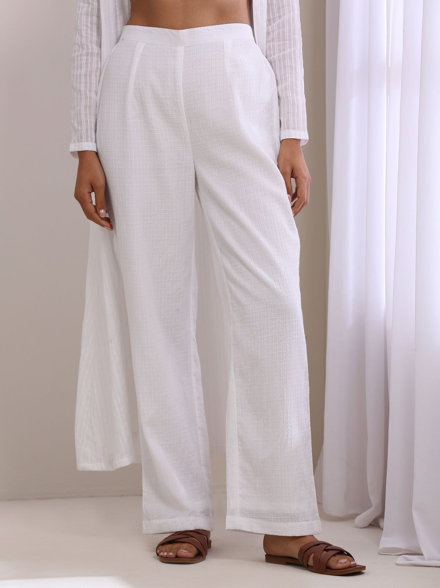 trueBrowns White Dobby Overlay Jacket Blouse Pant Set | Swadesiicart