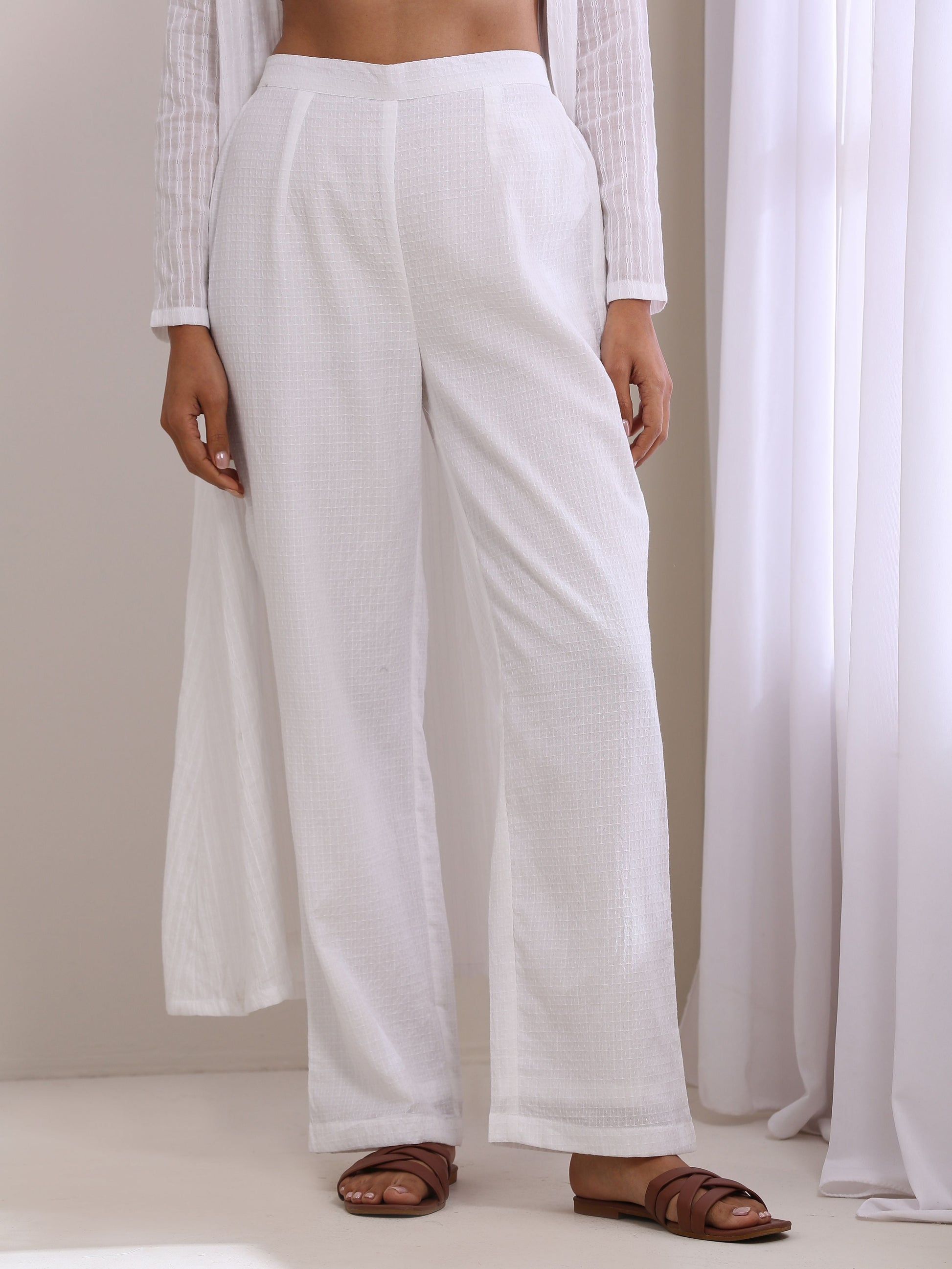 trueBrowns White Dobby Overlay Jacket Blouse Pant Set | Swadesiicart