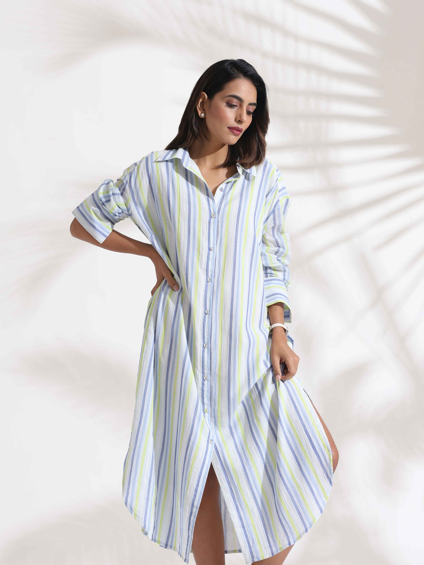 trueBrowns White Cotton Multi Stripe Shirt Dress | Swadesiicart