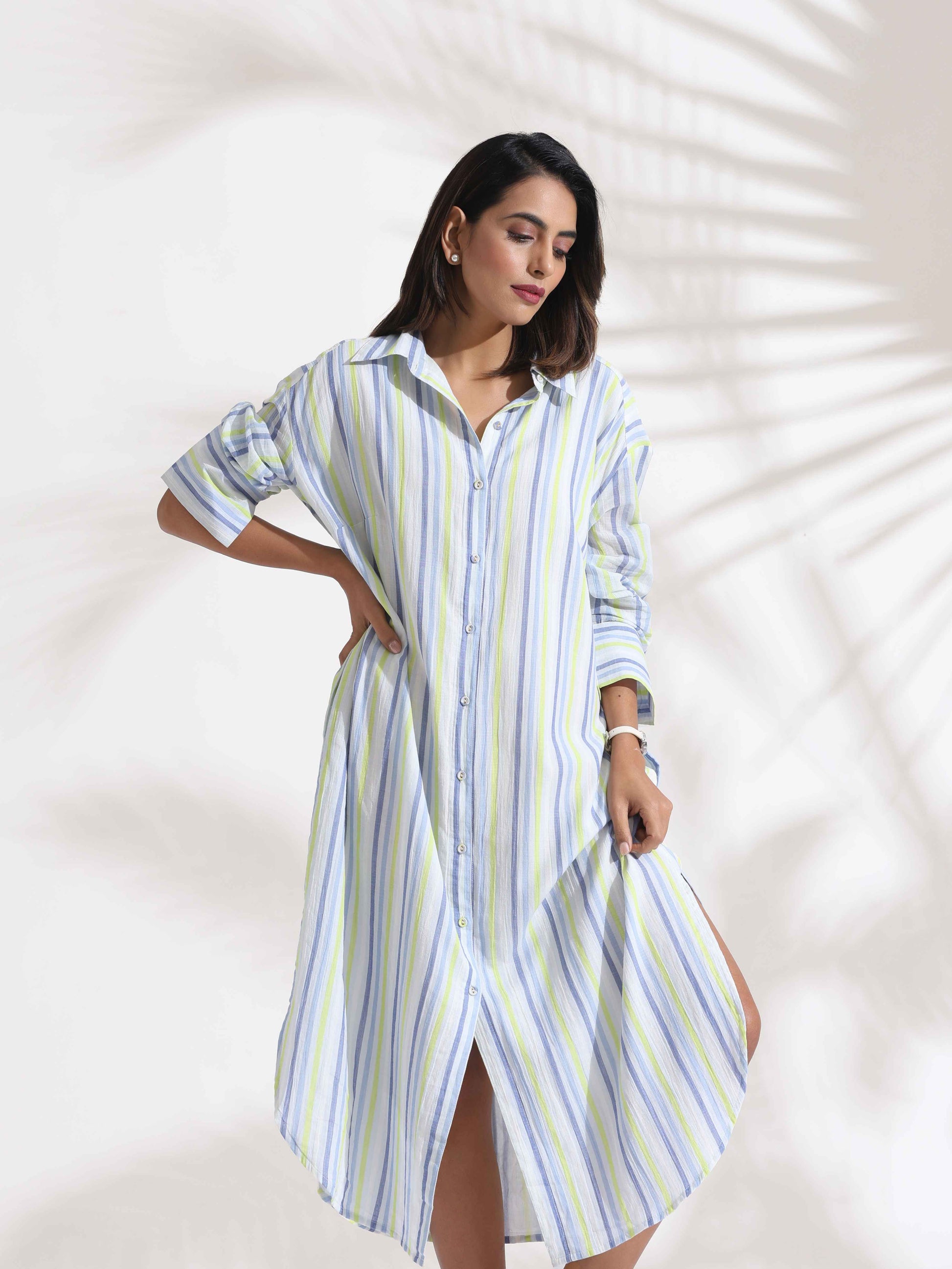 trueBrowns White Cotton Multi Stripe Shirt Dress | Swadesiicart