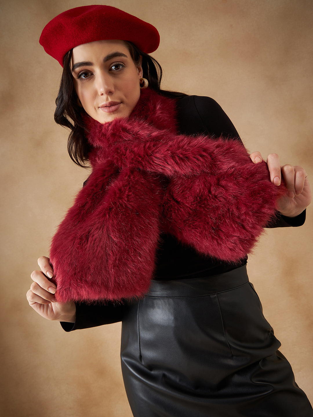 InWeave Women's Bright Rust Faux Fur Neck Warmer - Swadesiicart