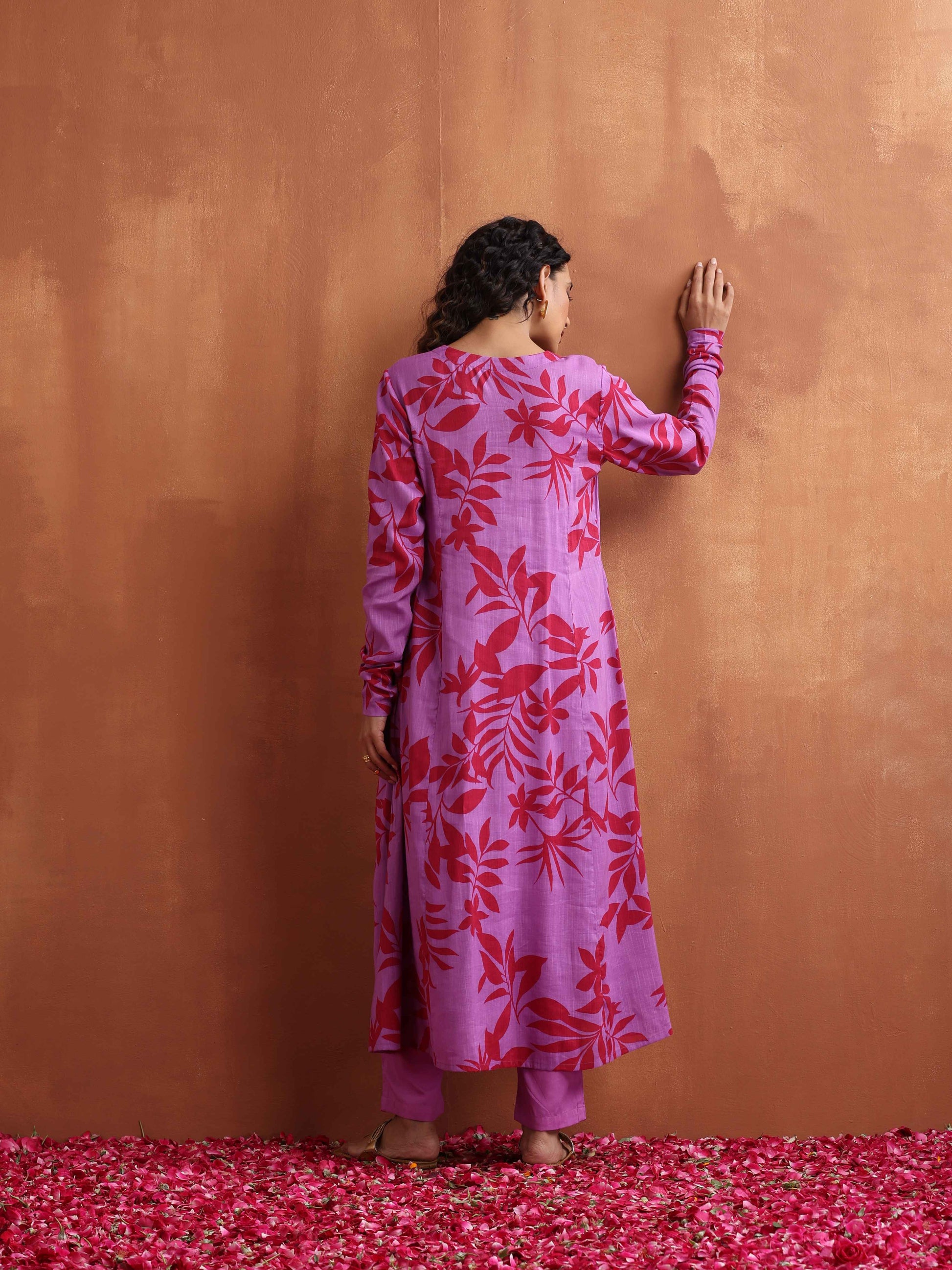 trueBrowns Purple Print A-line Kurta Set | Swadesiicart