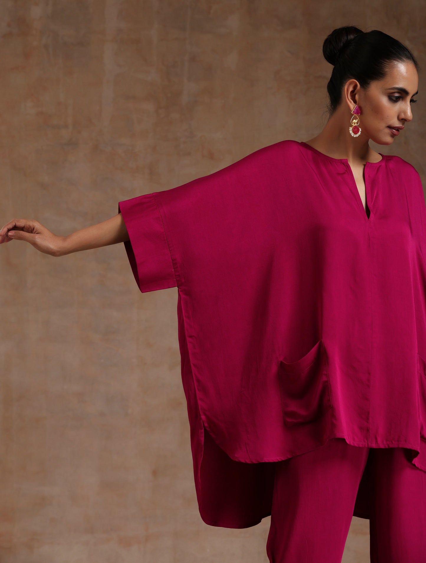 trueBrowns Pink Modal Satin Boxy Fit High-Low Co-Ord Set - Swadesiicart