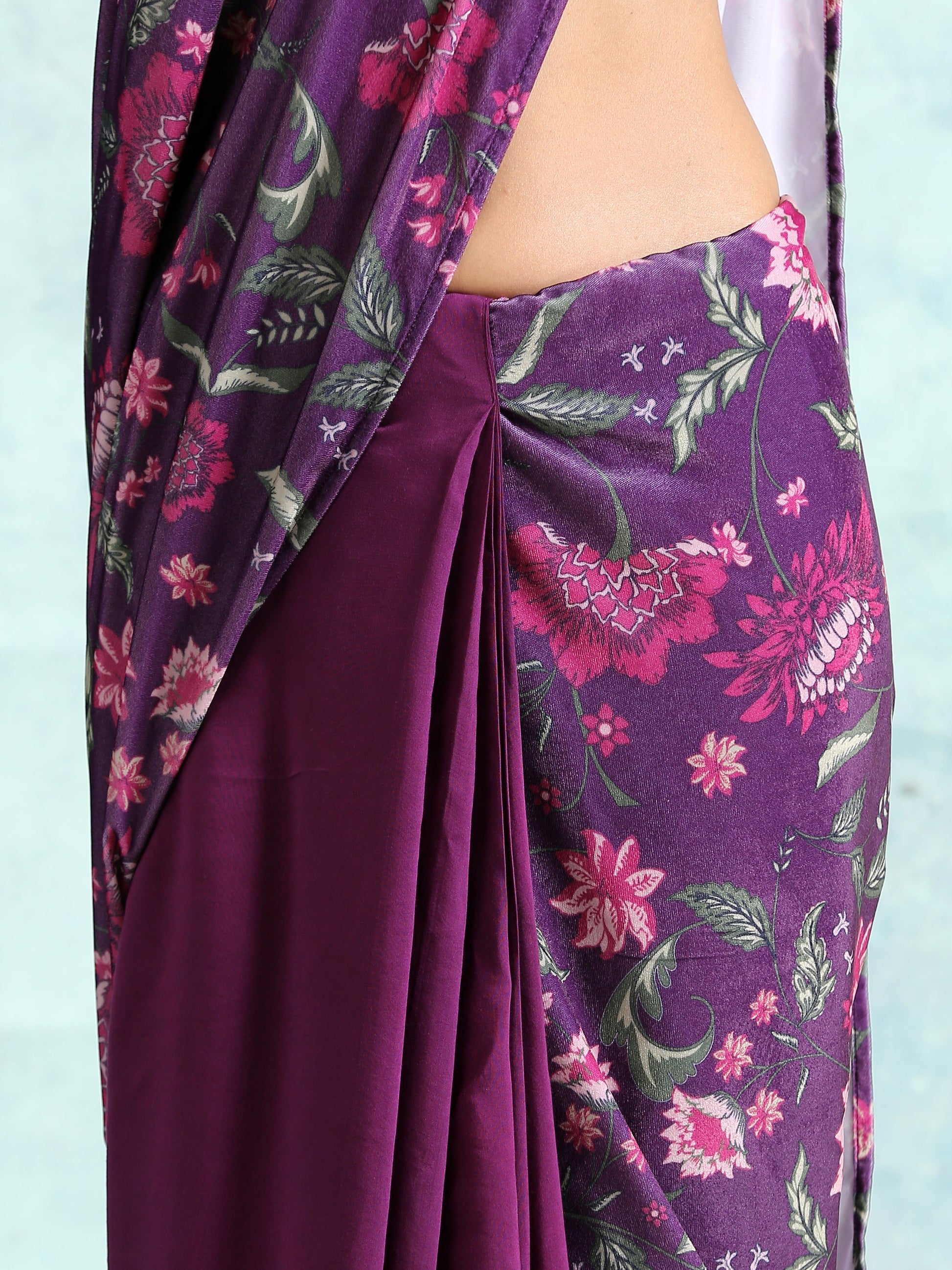 trueBrowns Wine Printed Velvet Ready to Wear Saree | Swadesiicart