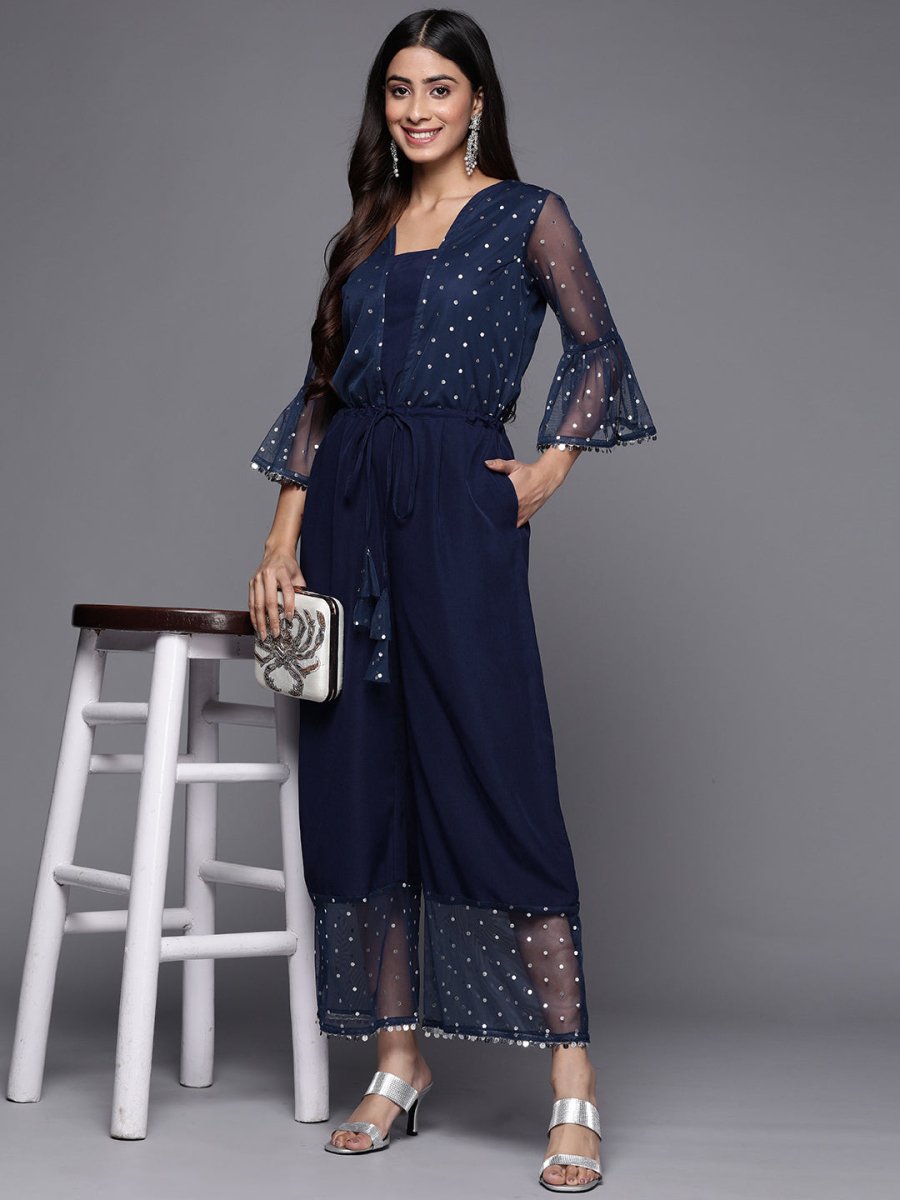 Ahalyaa Printed Bell Sleeves Crepe Basic Jumpsuit With Waist Tie-Ups | Swadesiicart