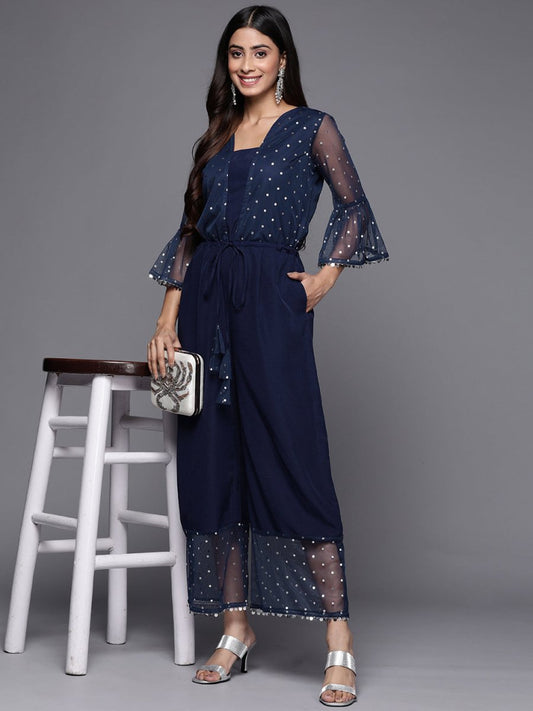 Ahalyaa Printed Bell Sleeves Crepe Basic Jumpsuit With Waist Tie-Ups | Swadesiicart