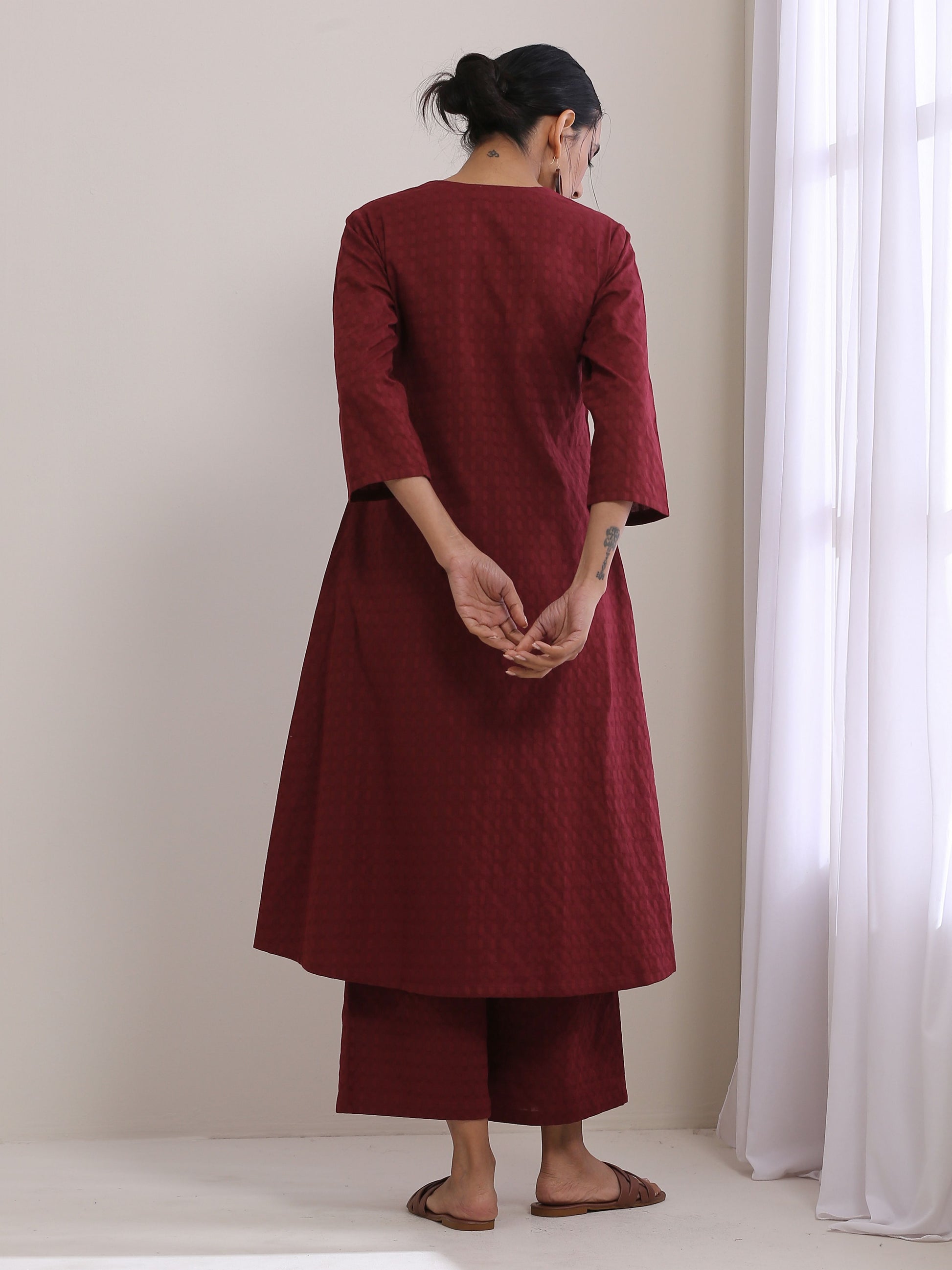 trueBrowns Ruby Wine Dobby Angrakha Pant Set | Swadesiicart